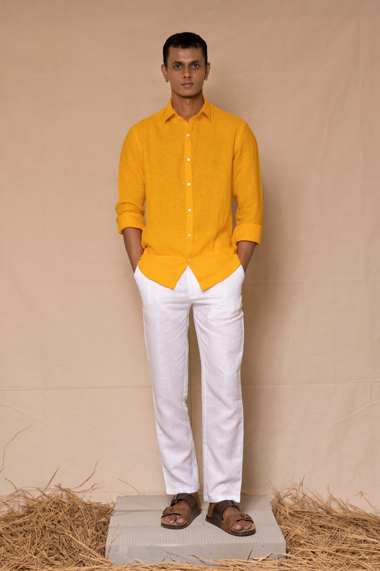 Mango Yellow Men's Linen Regular Collar Shirt