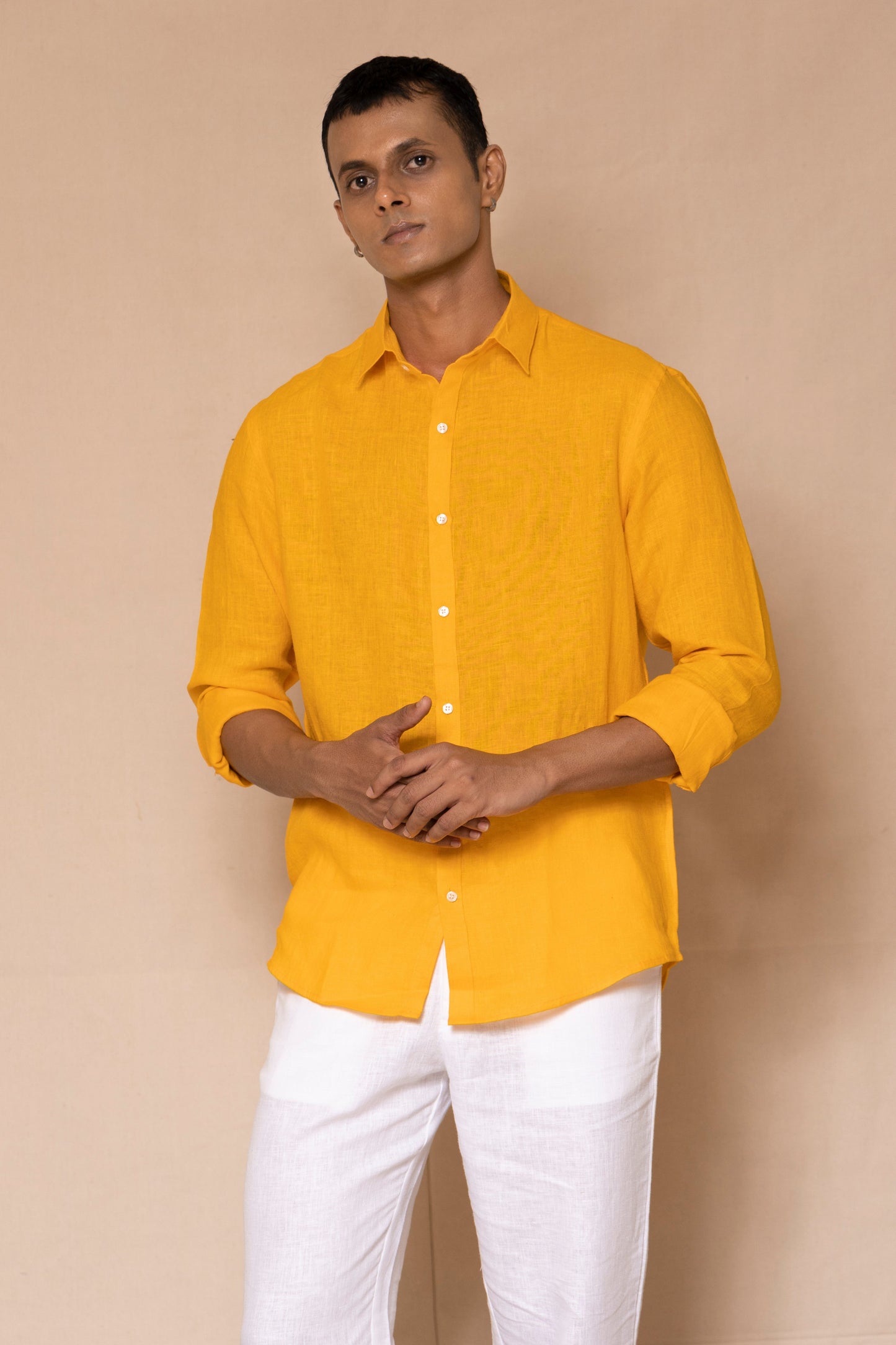 Mango Yellow Men's Linen Regular Collar Shirt