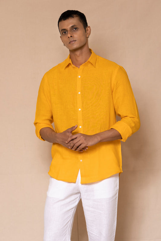 Mango Yellow Men's Linen Regular Collar Shirt