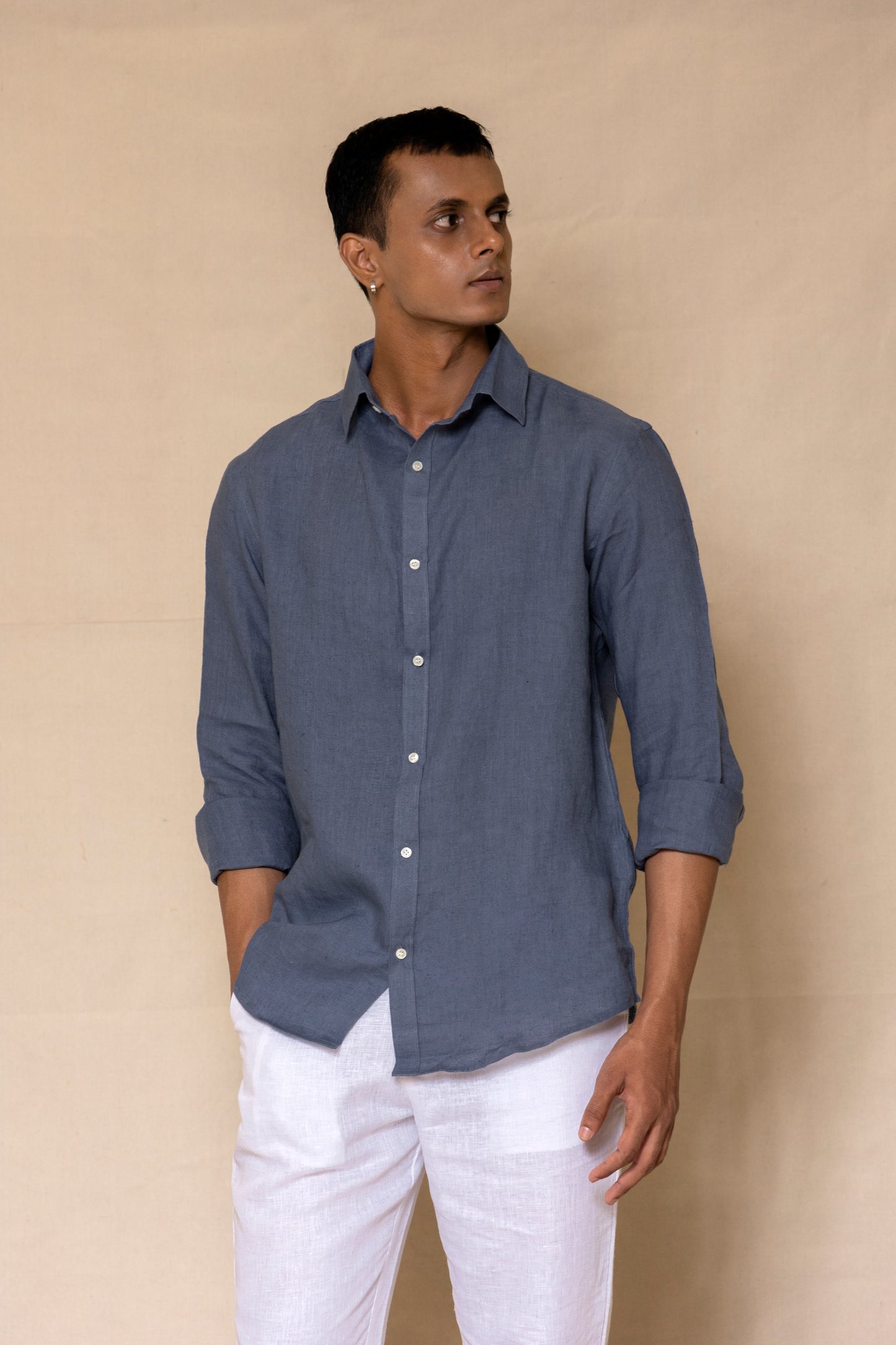 Monday Blue Men's Linen Regular Collar Shirt