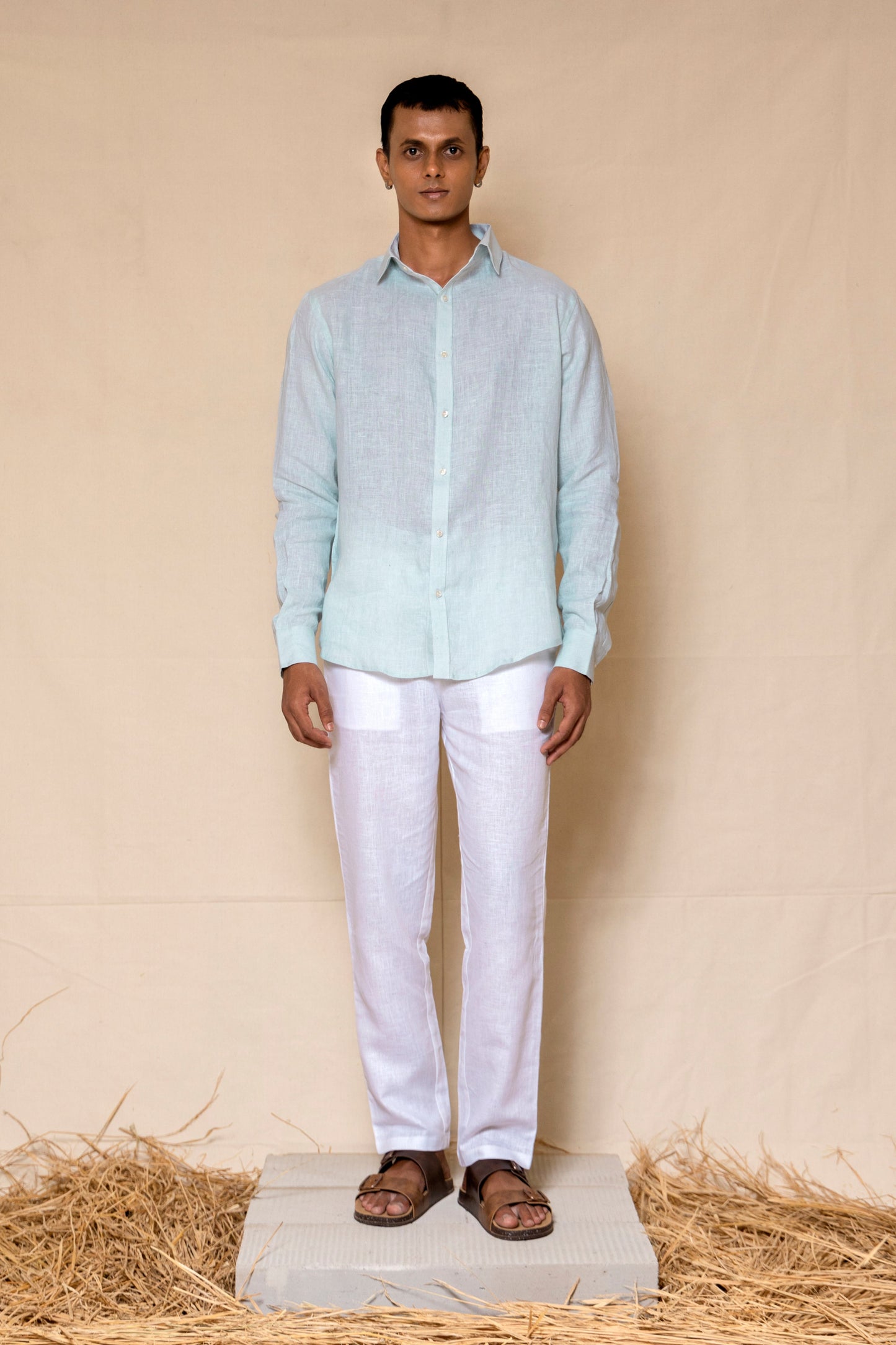 Powder Blue Men's Linen Regular Collar Shirt