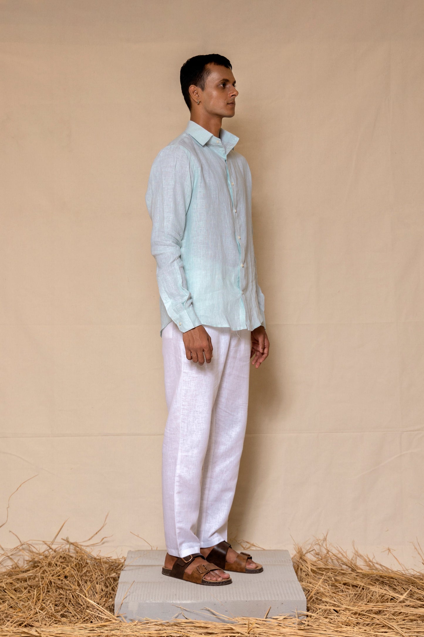 Powder Blue Men's Linen Regular Collar Shirt