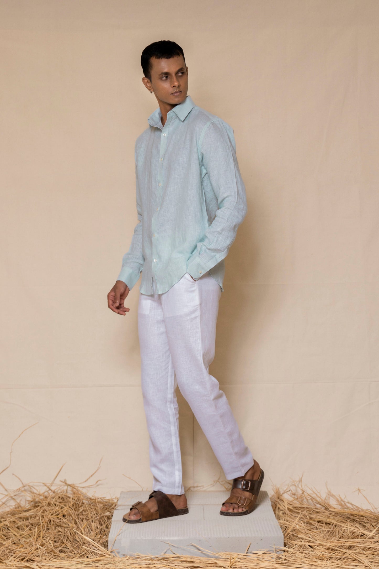 Powder Blue Men's Linen Regular Collar Shirt