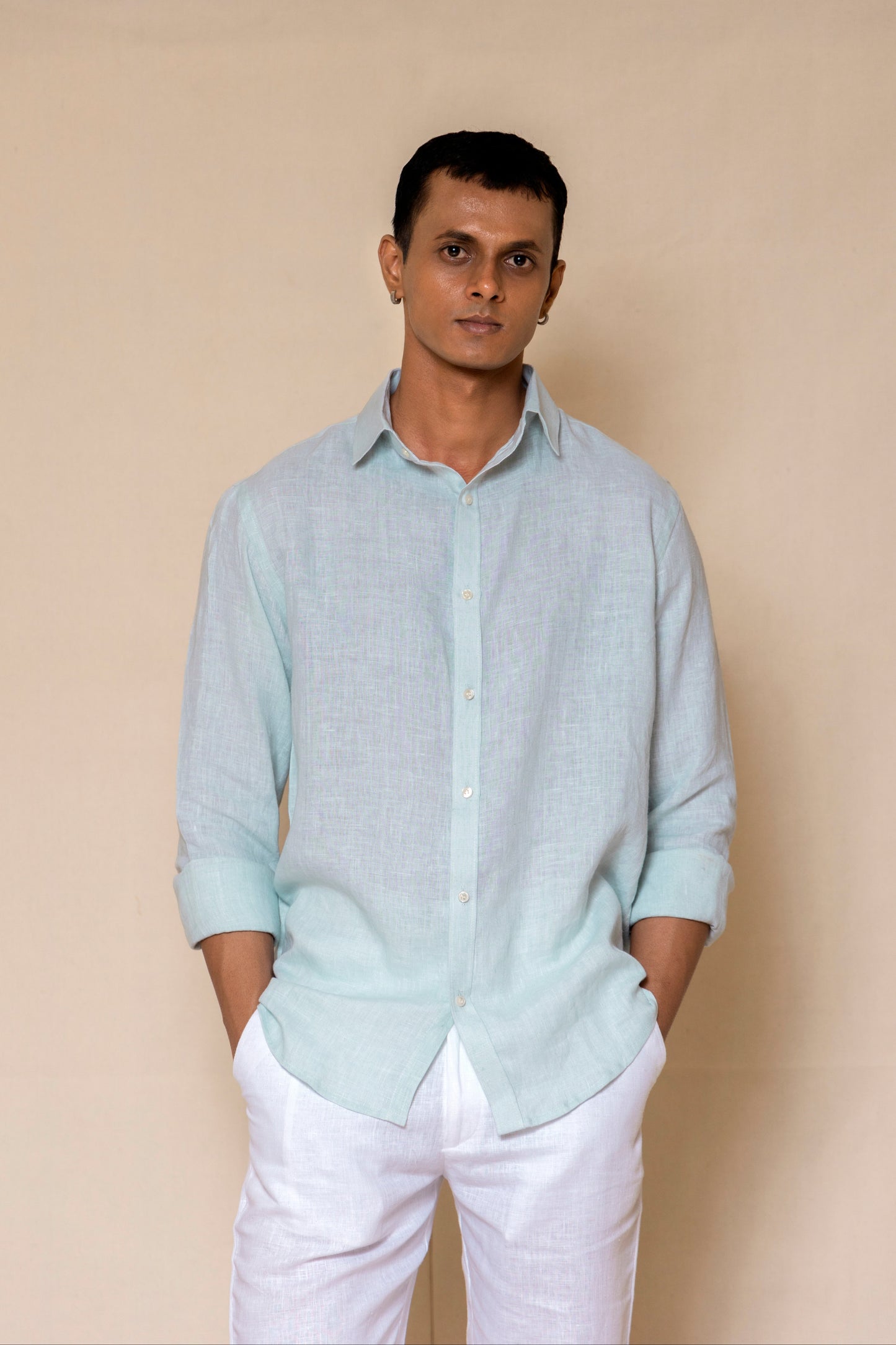 Powder Blue Men's Linen Regular Collar Shirt
