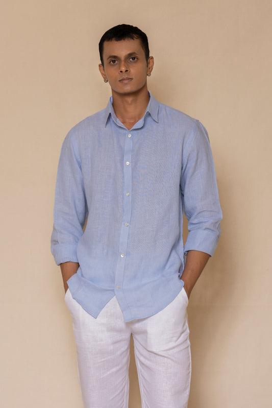 Sky Blue Men's Linen Regular Collar Shirt