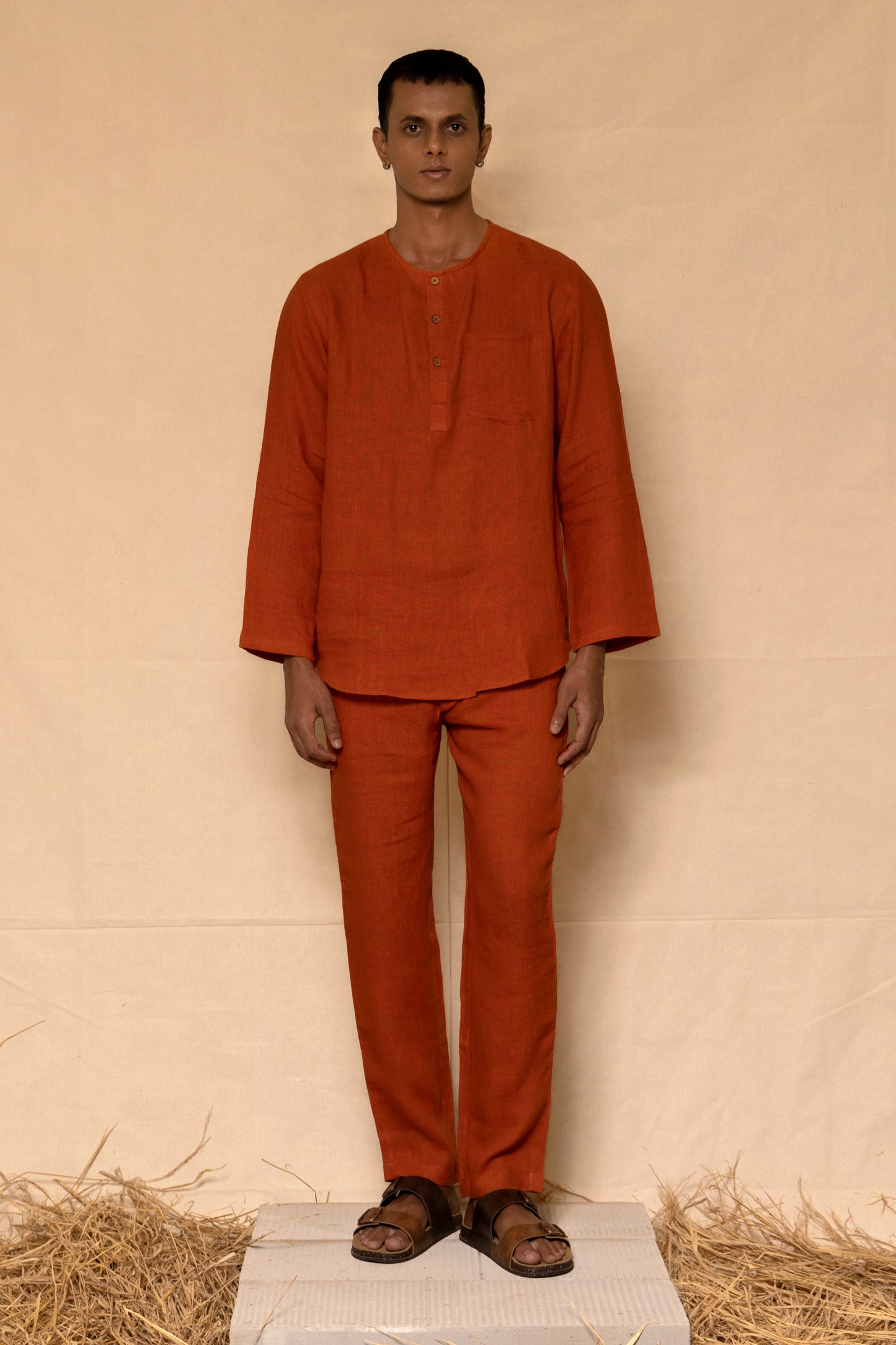 Rust Linen Men's Short Kurta Set