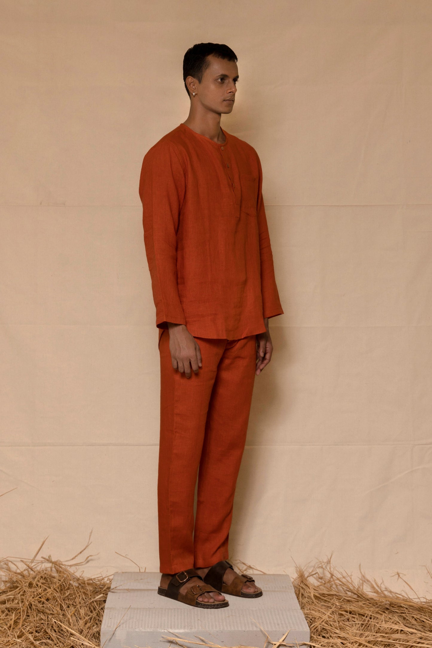 Rust Linen Men's Short Kurta Set