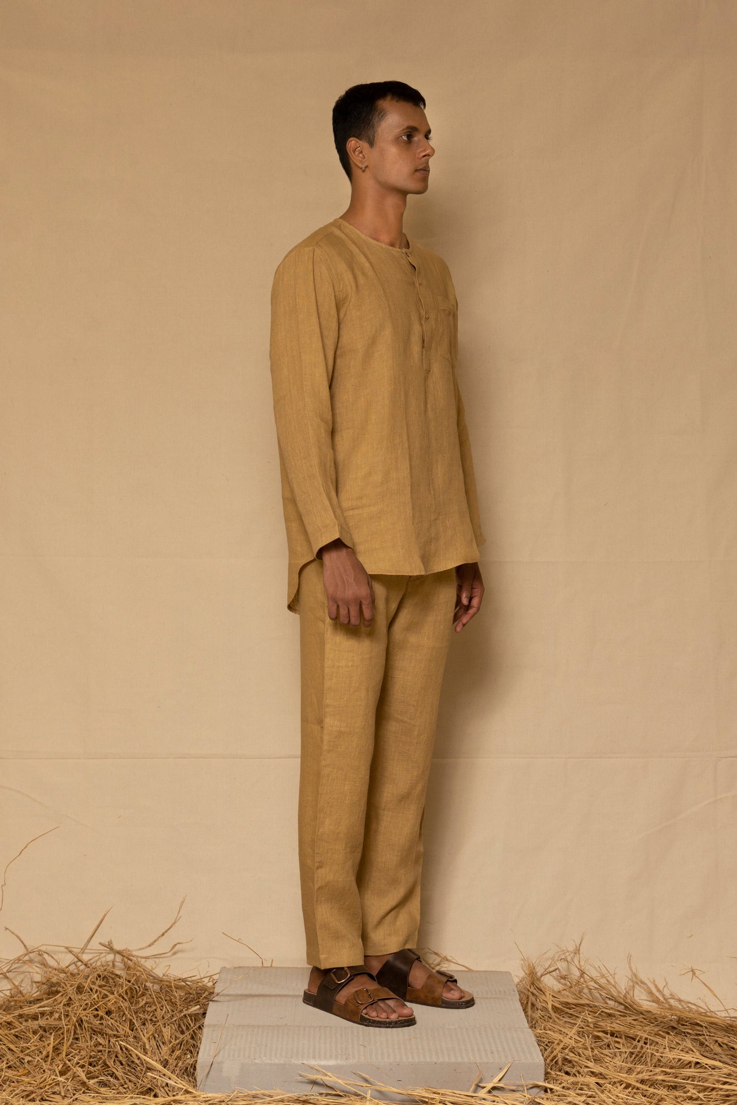 Ochre Linen Men's Short Kurta Set