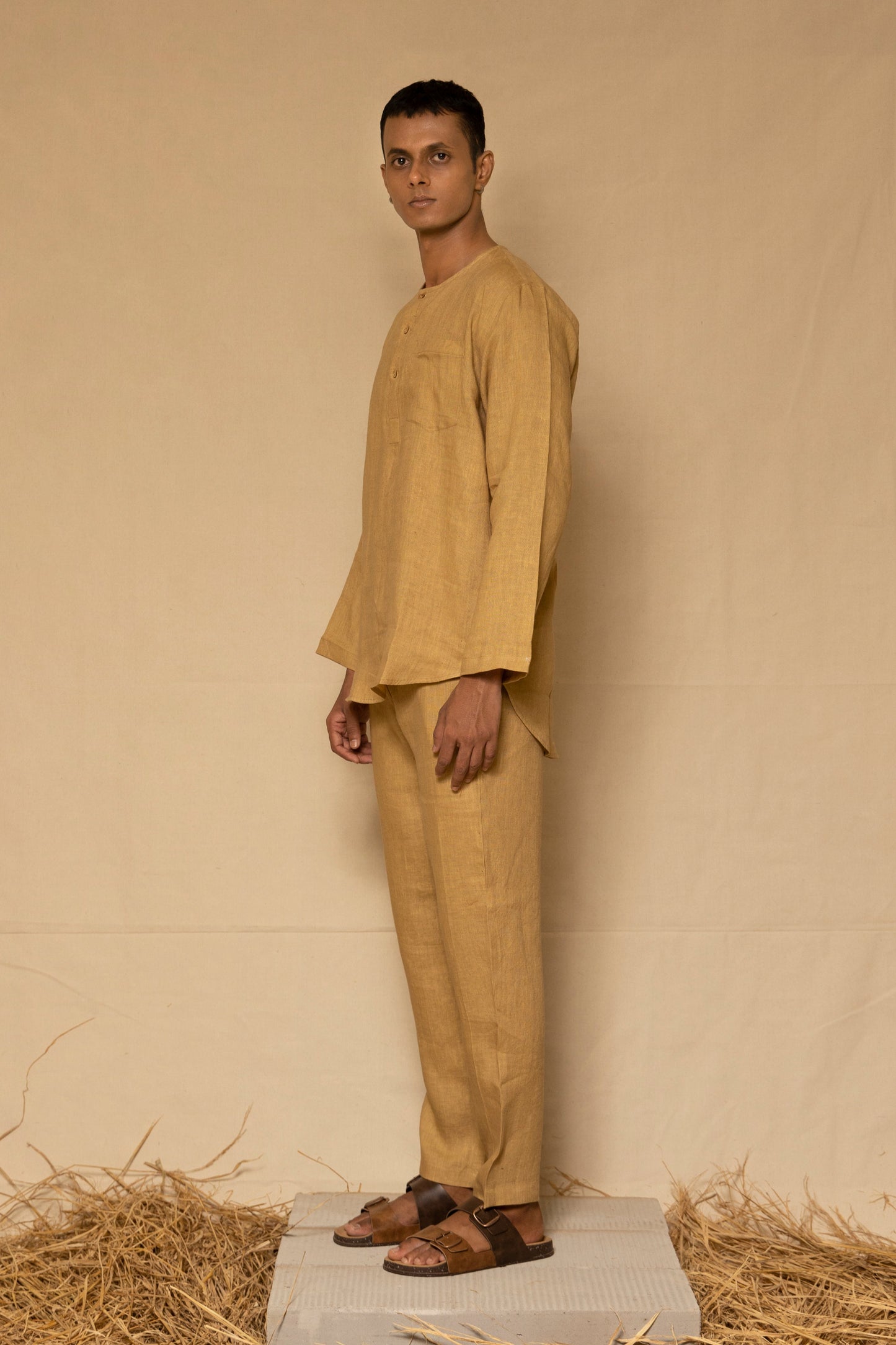 Ochre Linen Men's Short Kurta Set
