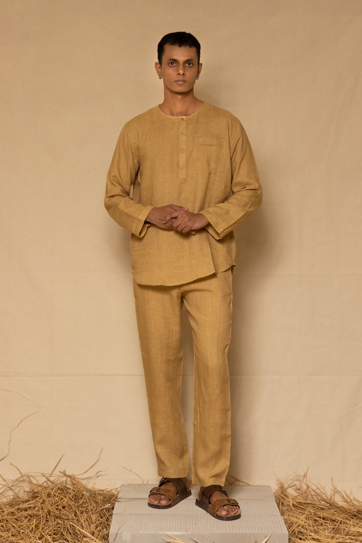 Ochre Linen Men's Short Kurta Set