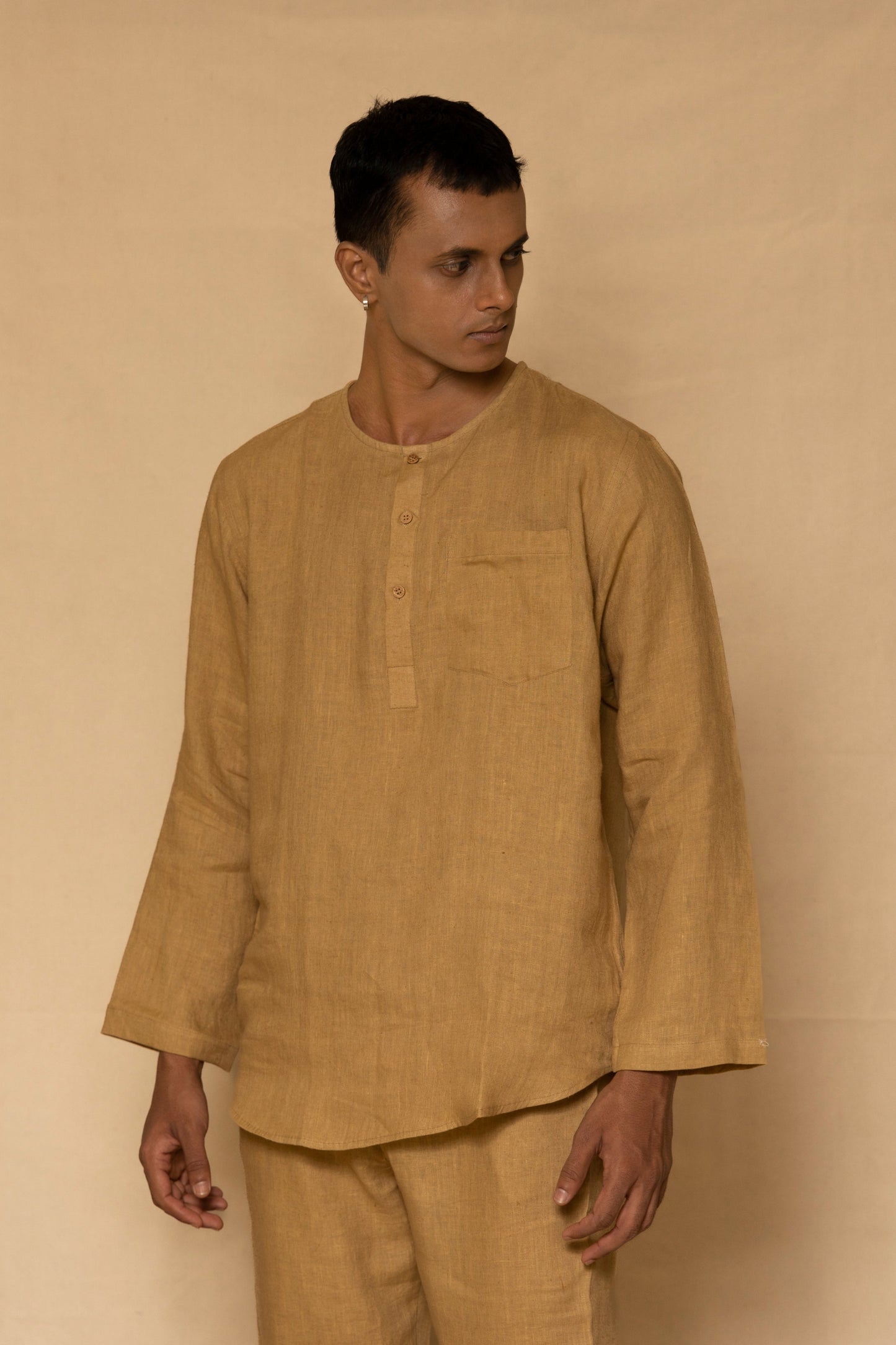 Ochre Linen Men's Short Kurta Set