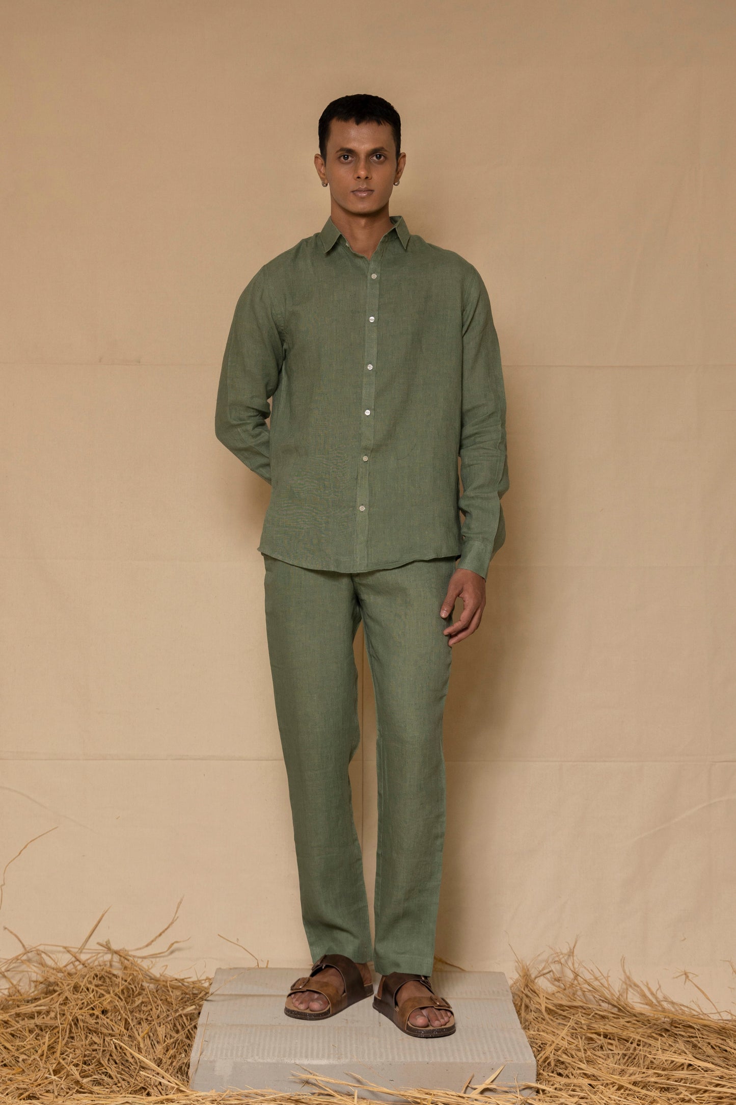 Sage Green Men's Linen Regular Collar Shirt