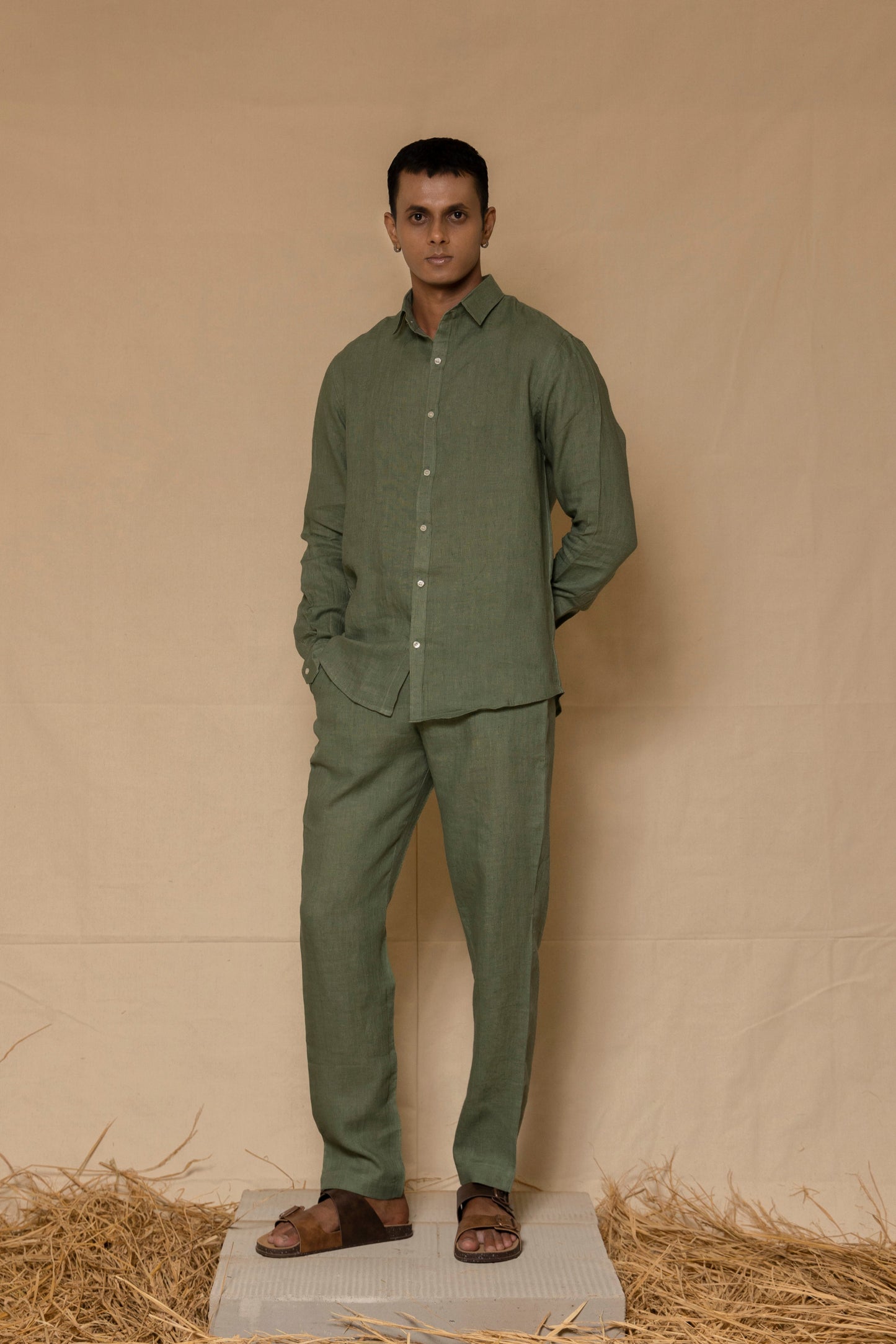 Sage Green Men's Linen Regular Collar Shirt