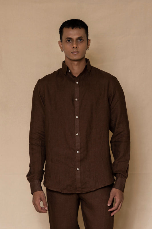 Chocolate Brown Men's Linen Regular Collar Shirt