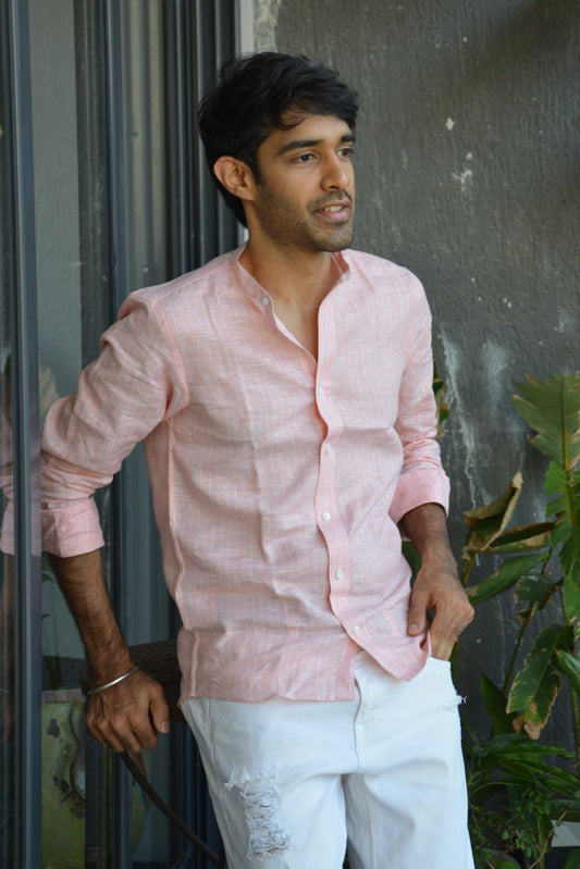 Coral Sunset - Peach Striped Linen Shirt | LININ