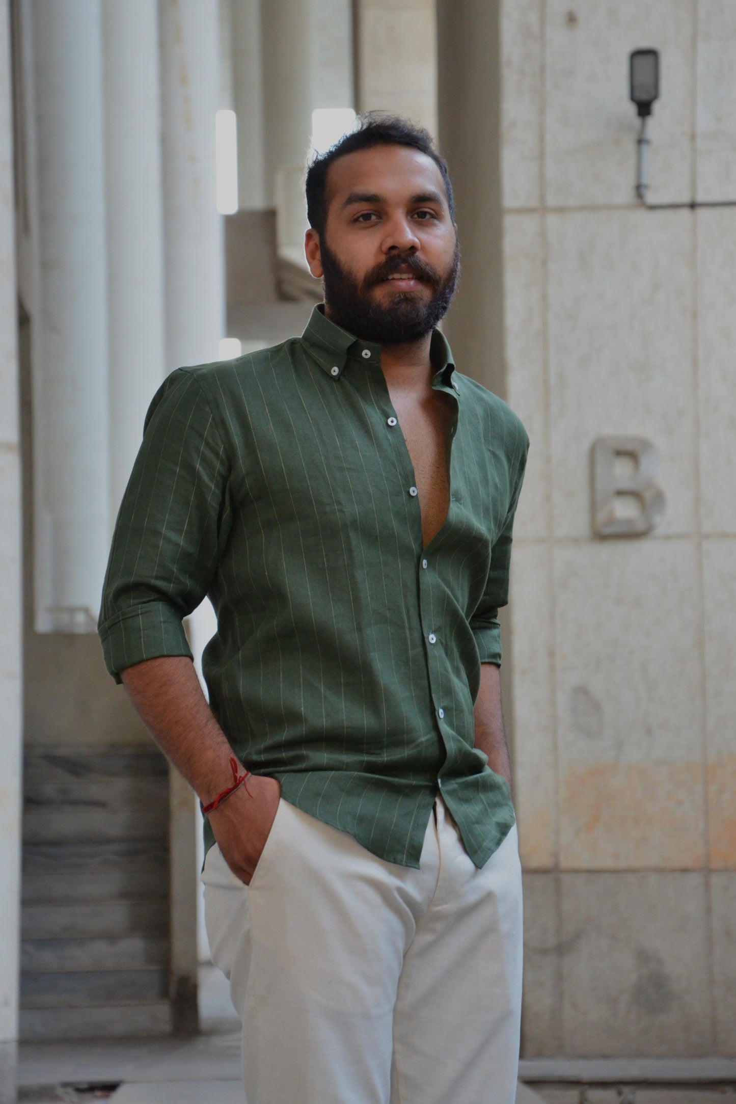 Mariner's Charm - Dark Green Striped Linen Shirt