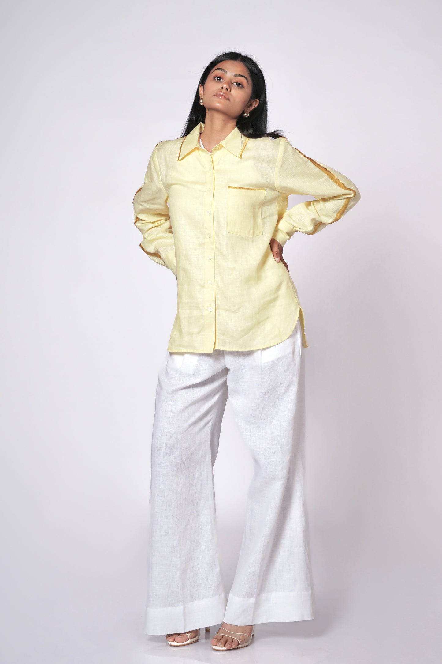 SUNSHINE YELLOW LINEN SHIRT WITH SATIN DETAILING