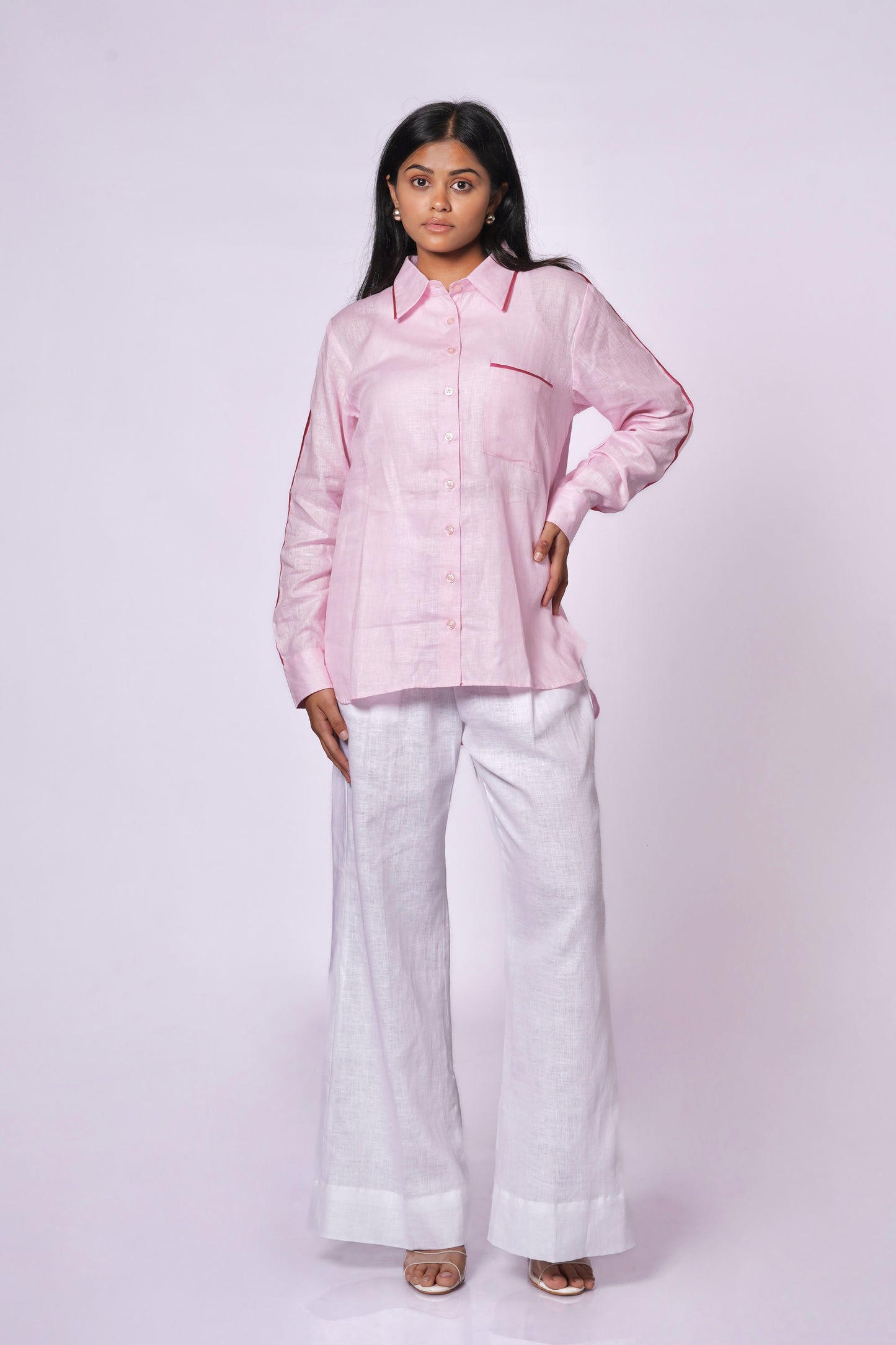 BABY PINK LINEN SHIRT WITH SATIN DETAILING