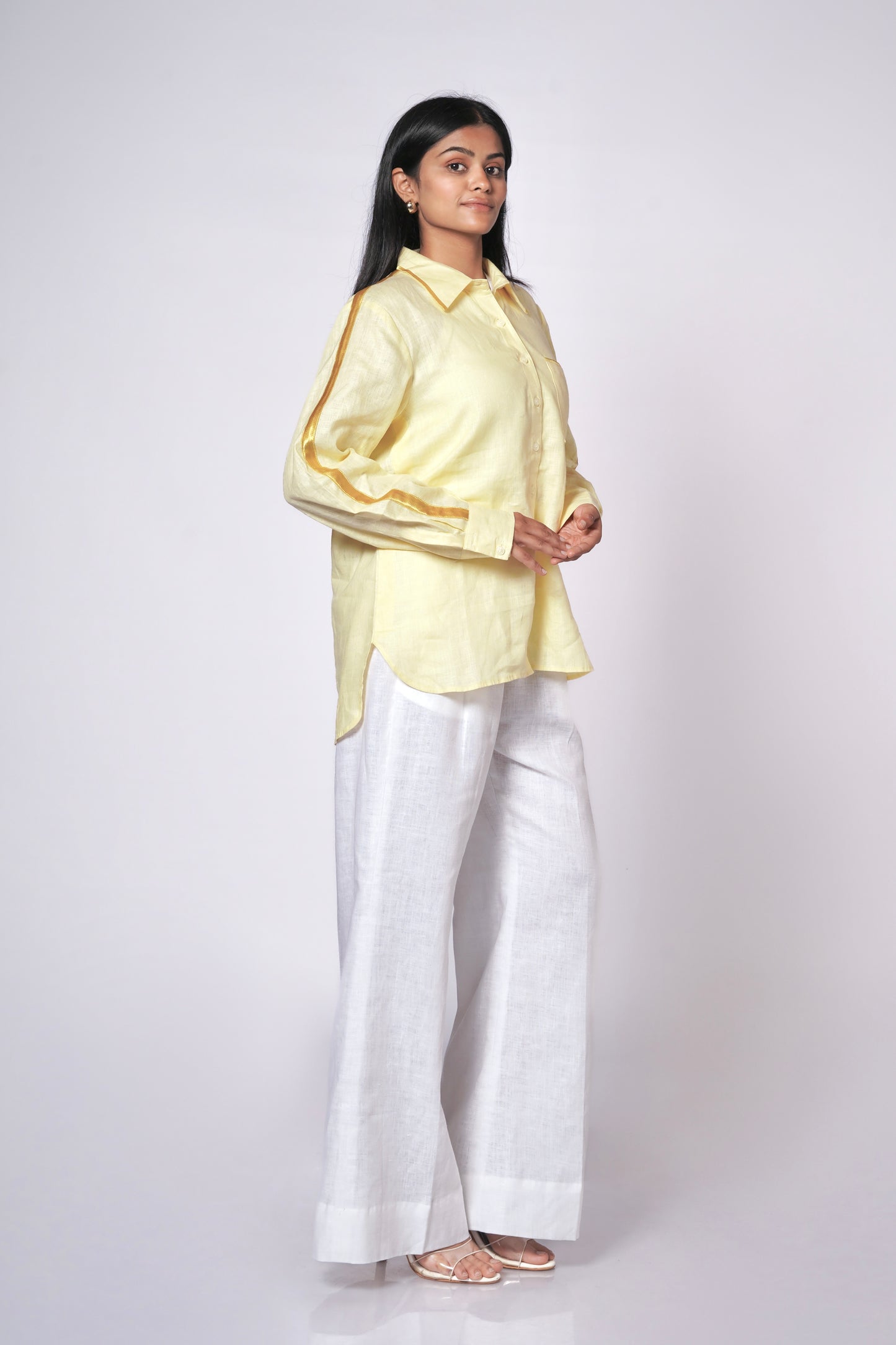 SUNSHINE YELLOW LINEN SHIRT WITH SATIN DETAILING