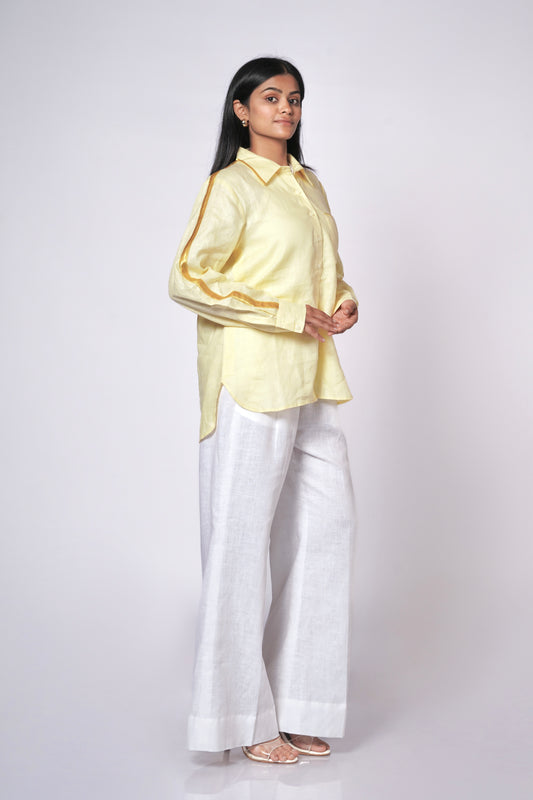 SUNSHINE YELLOW LINEN SHIRT WITH SATIN DETAILING