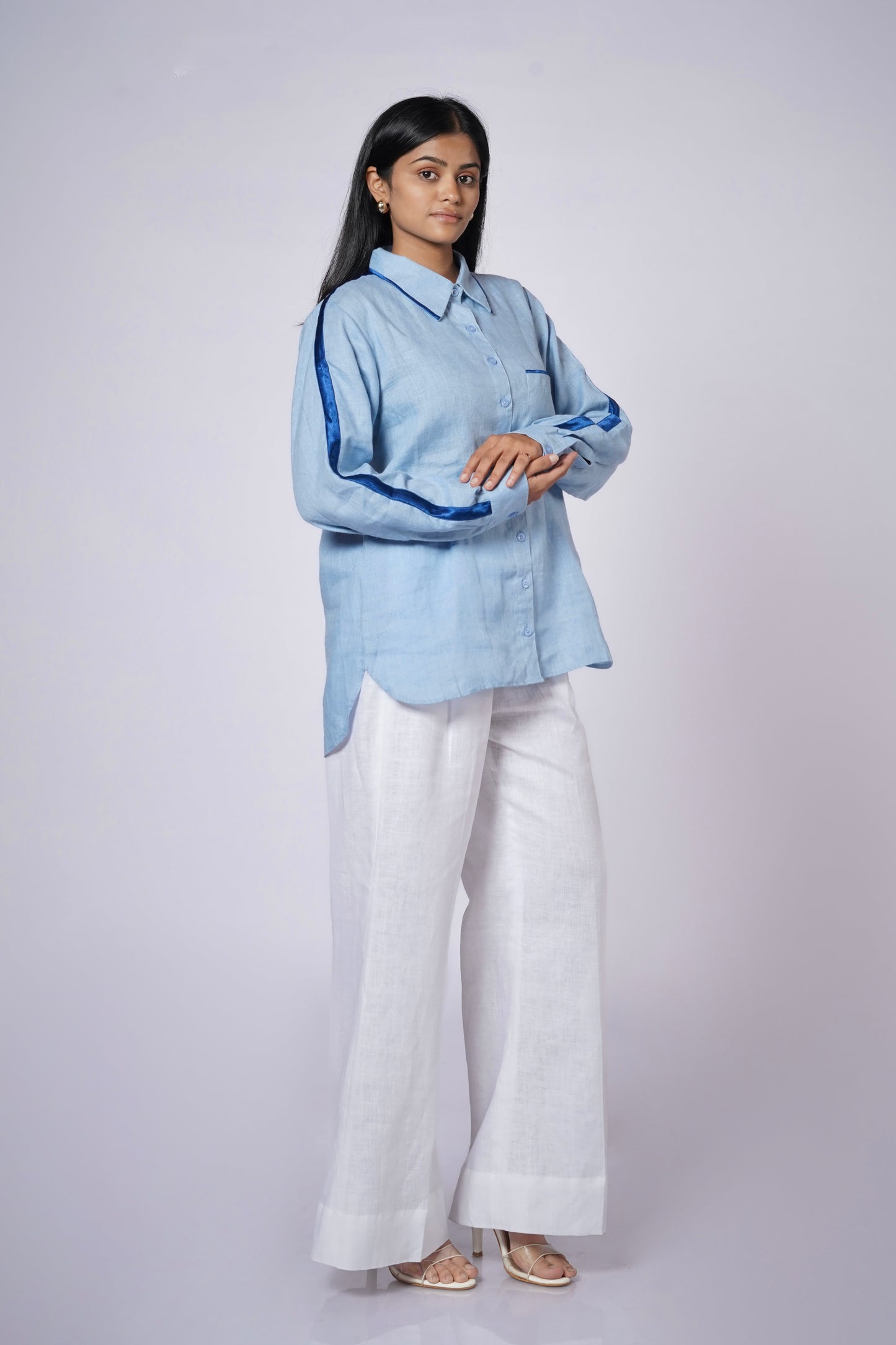 OCEAN BLUE LINEN SHIRT WITH SATIN DETAILING