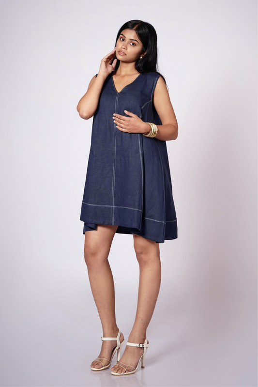 DENIM BLUE LINEN V-NECK DRESS