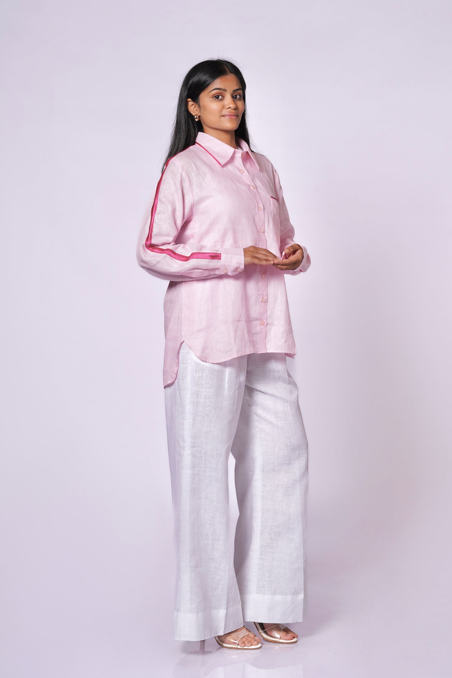 BABY PINK LINEN SHIRT WITH SATIN DETAILING