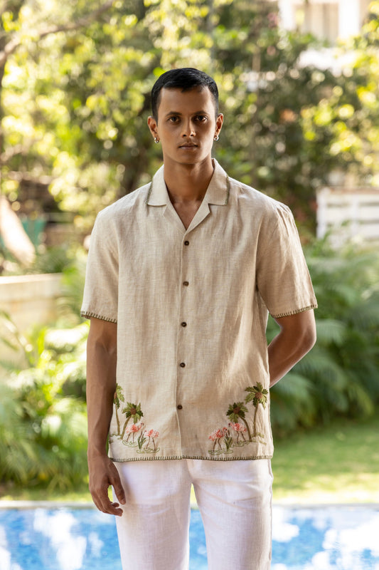FLAMINGO BAY - EMBROIDERED PURE LINEN SHIRT MEN
