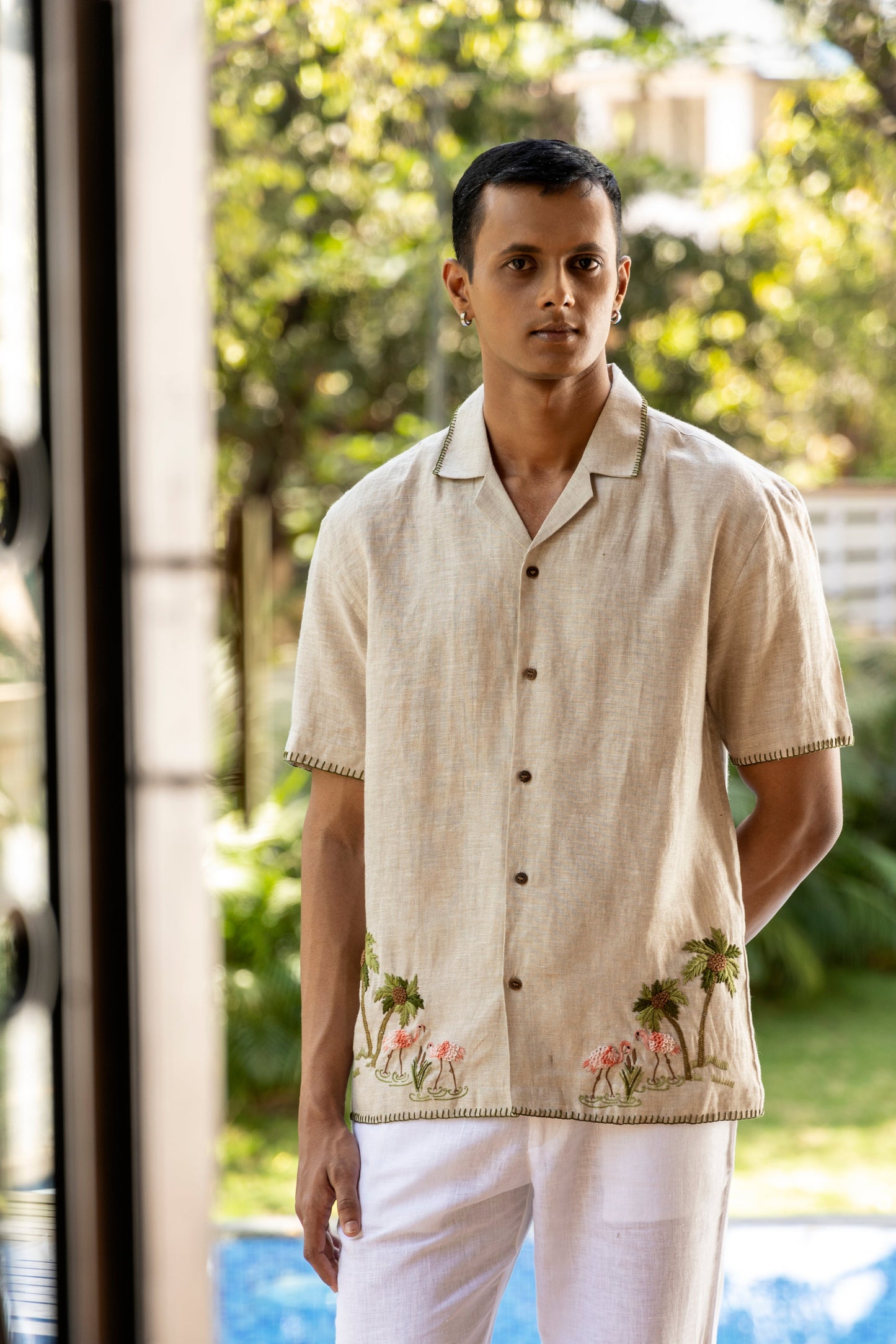 FLAMINGO BAY - EMBROIDERED PURE LINEN SHIRT MEN
