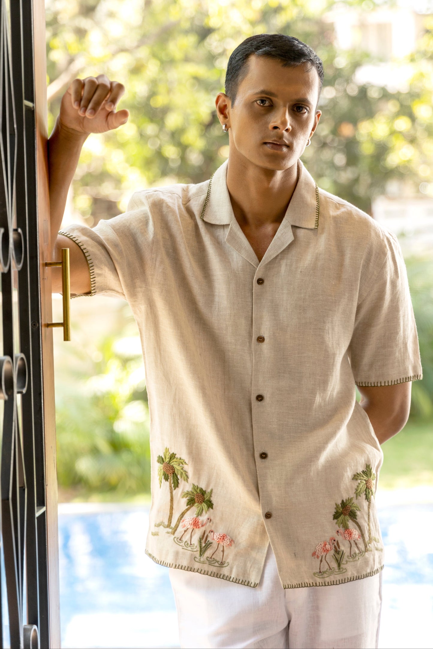 FLAMINGO BAY - EMBROIDERED PURE LINEN SHIRT MEN