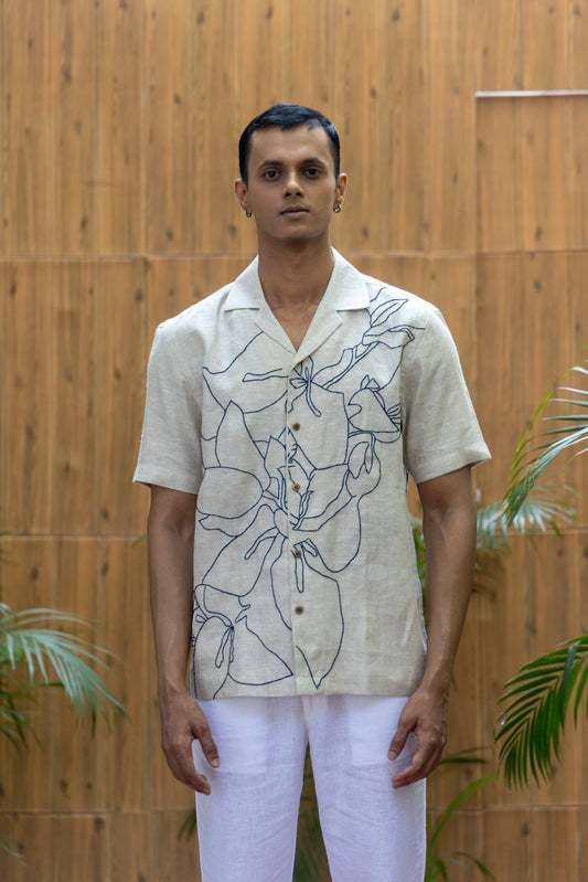 BOUGAINVILLEA BLISS - EMBROIDERED PURE LINEN SHIRT MEN