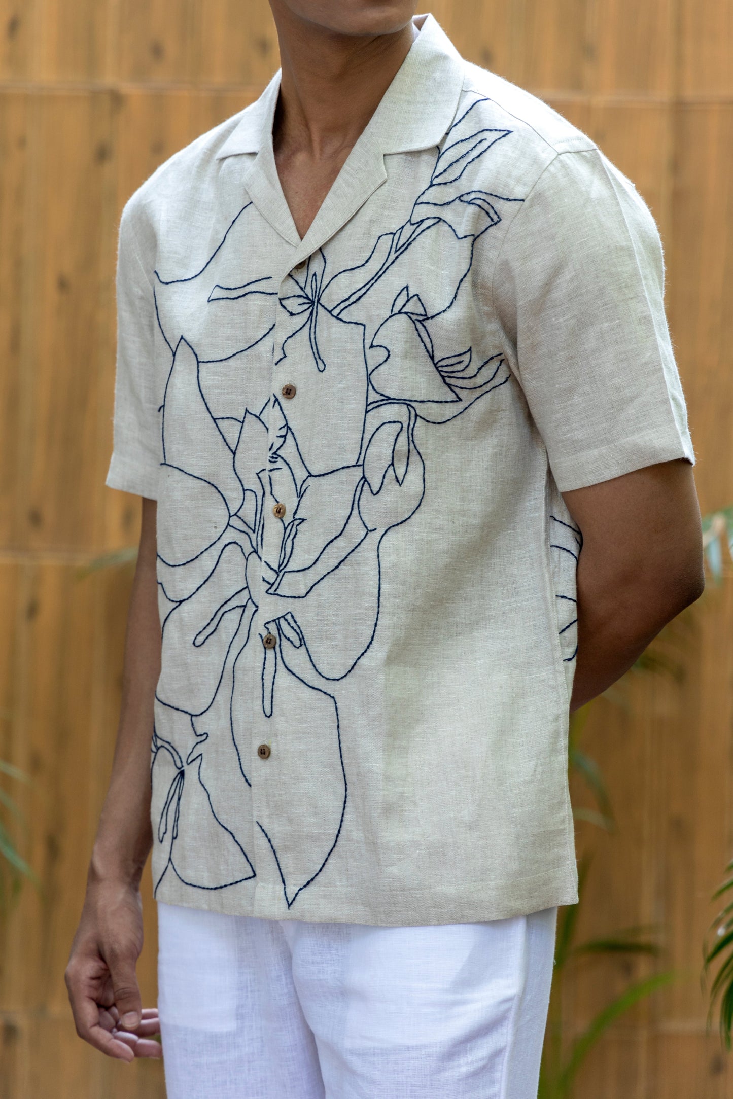 BOUGAINVILLEA BLISS - EMBROIDERED PURE LINEN SHIRT MEN