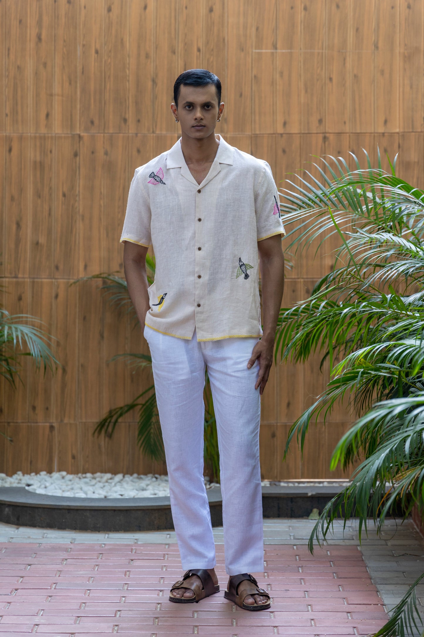 FEATHERED TALES - EMBROIDERED PURE LINEN SHIRT MEN