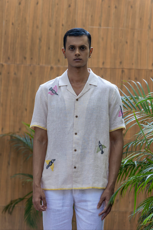 FEATHERED TALES - EMBROIDERED PURE LINEN SHIRT MEN