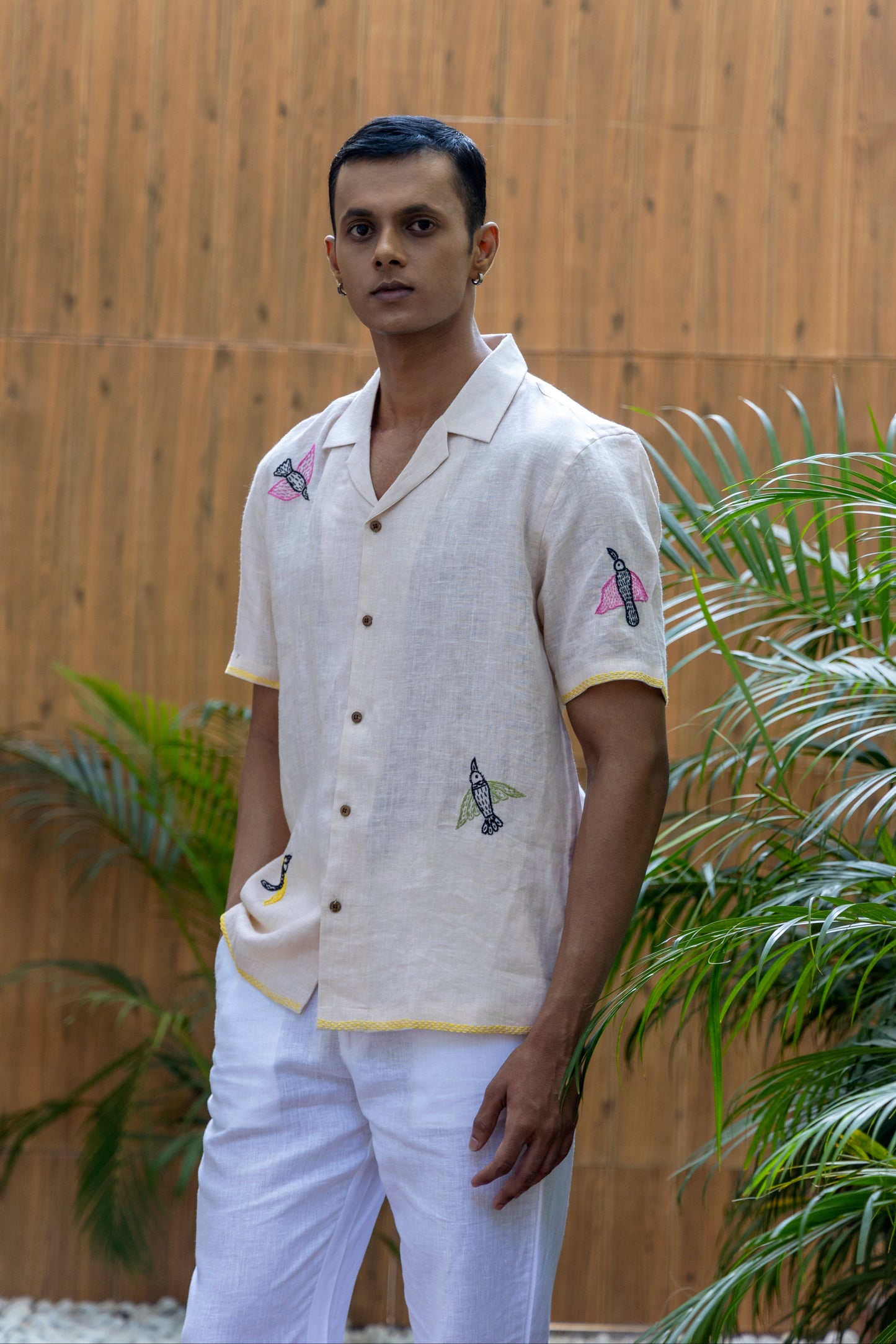 FEATHERED TALES - EMBROIDERED PURE LINEN SHIRT MEN