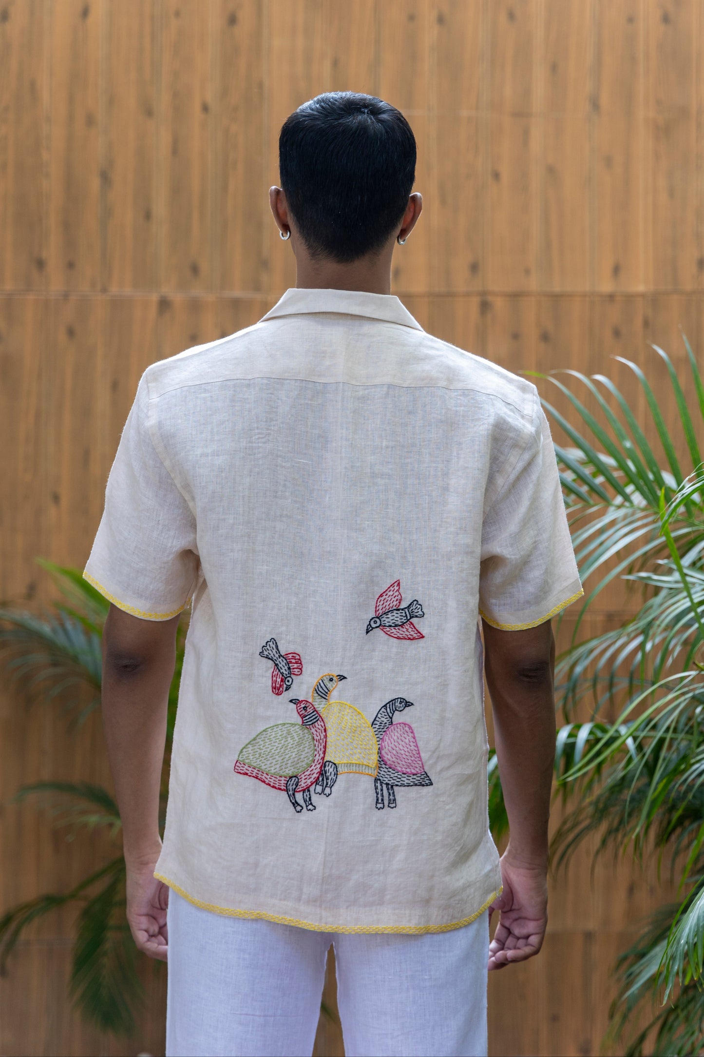 FEATHERED TALES - EMBROIDERED PURE LINEN SHIRT MEN