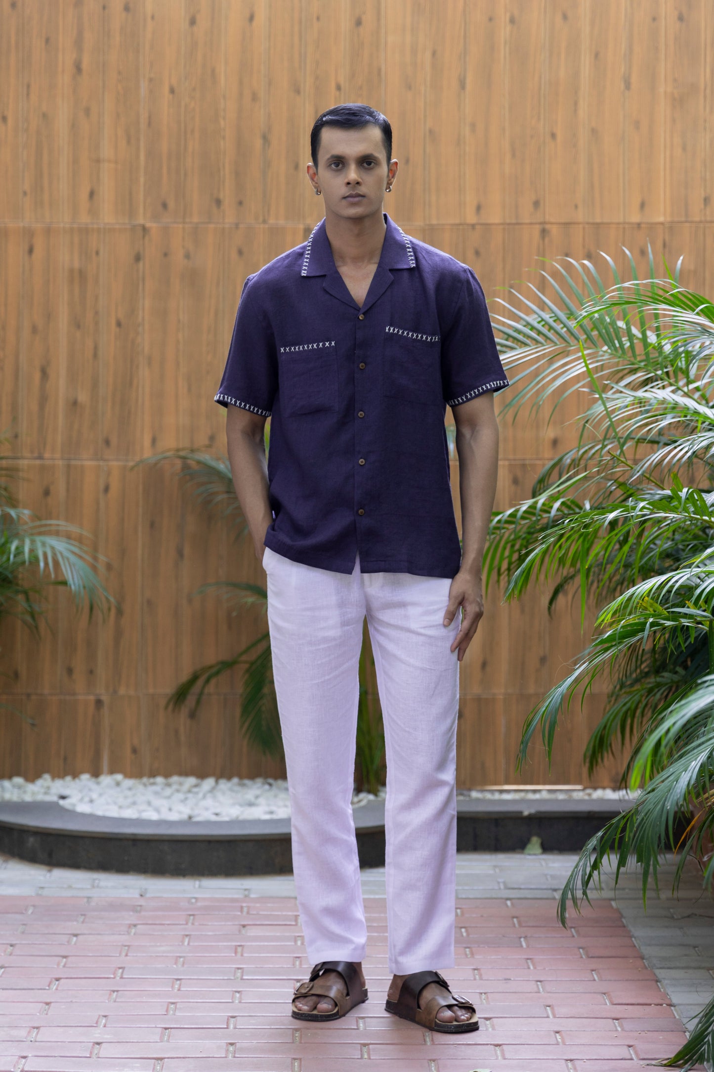 CRISS CROSS - EMBROIDERED PURE LINEN SHIRT MEN