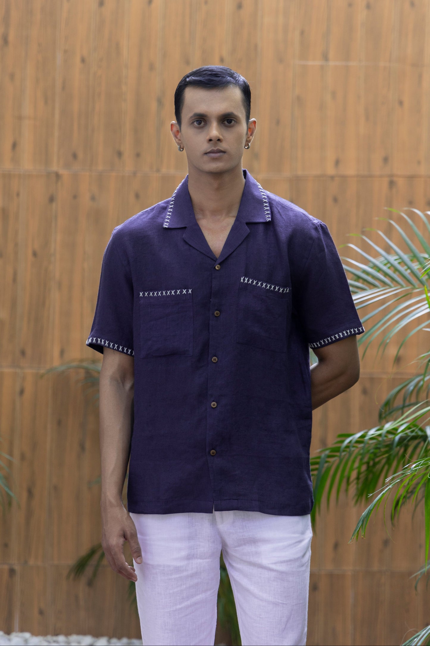 CRISS CROSS - EMBROIDERED PURE LINEN SHIRT MEN