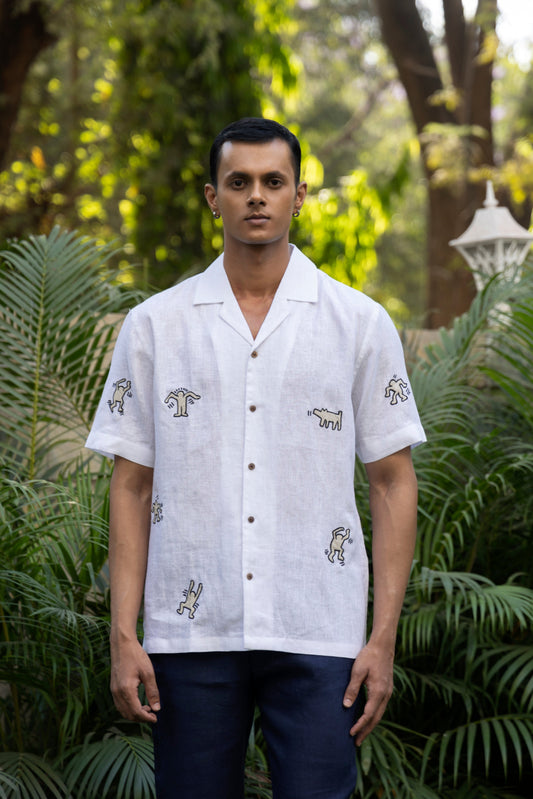 HARING HUES - EMBROIDERED PURE LINEN SHIRT MEN