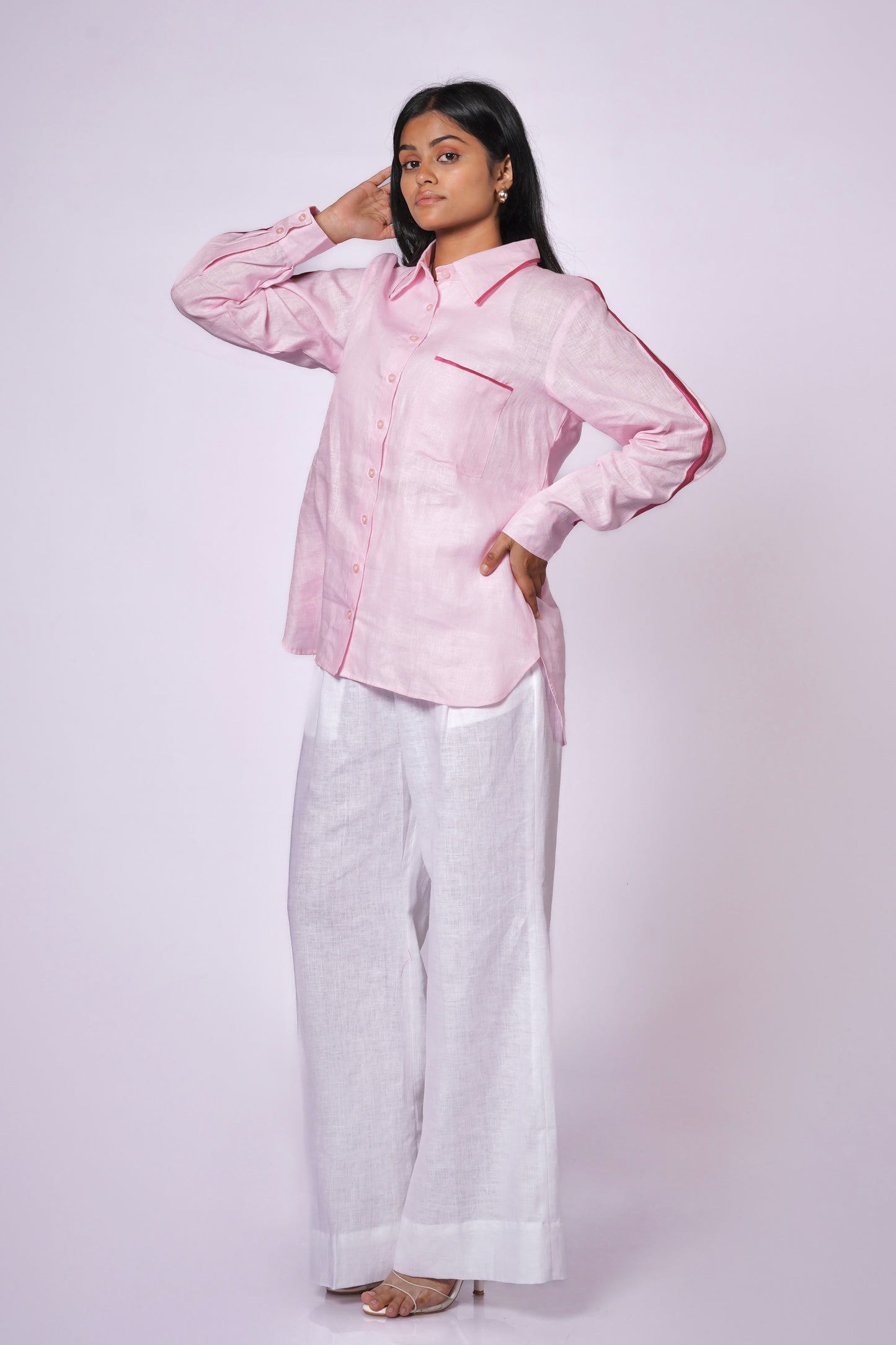 BABY PINK LINEN SHIRT WITH SATIN DETAILING
