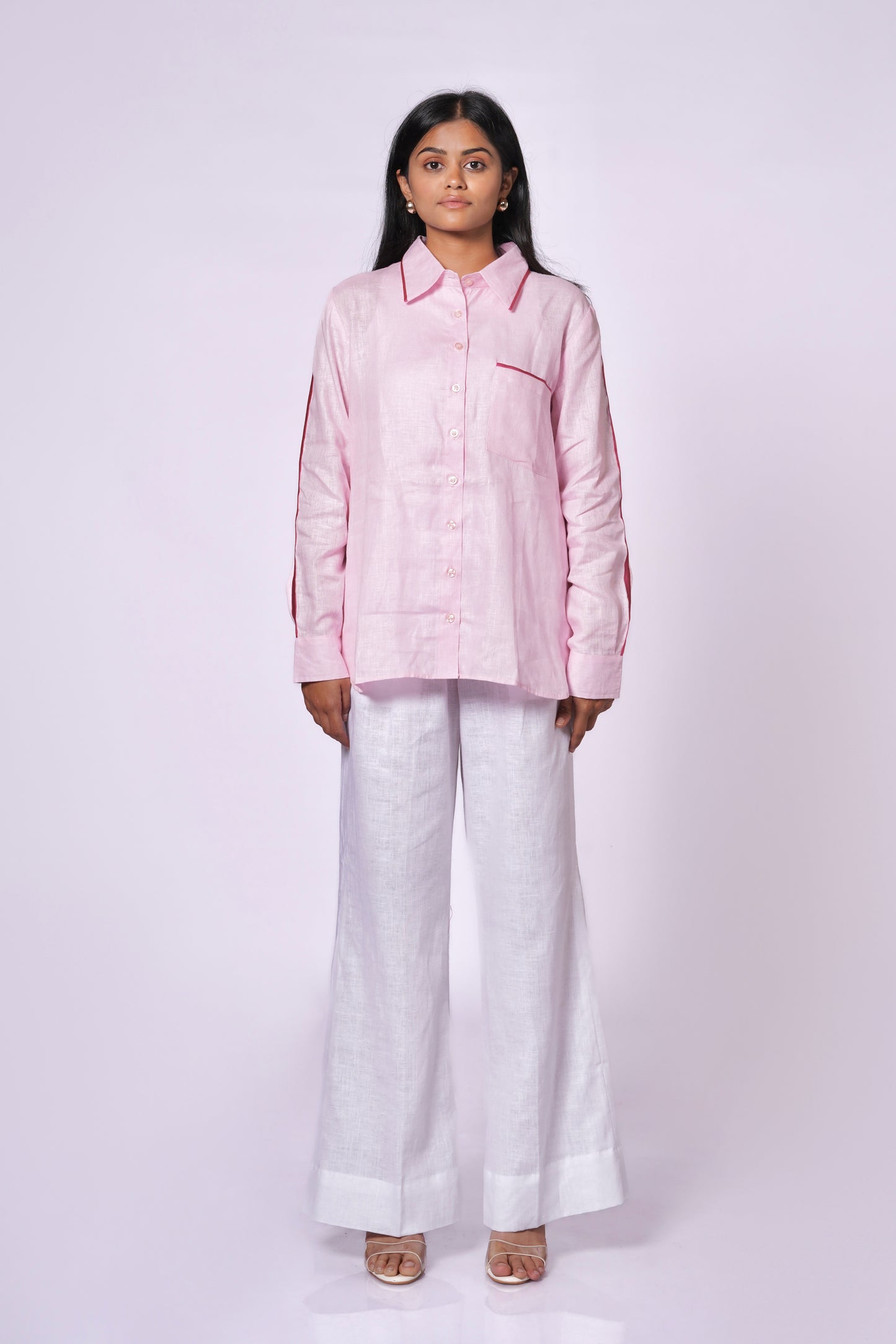 BABY PINK LINEN SHIRT WITH SATIN DETAILING