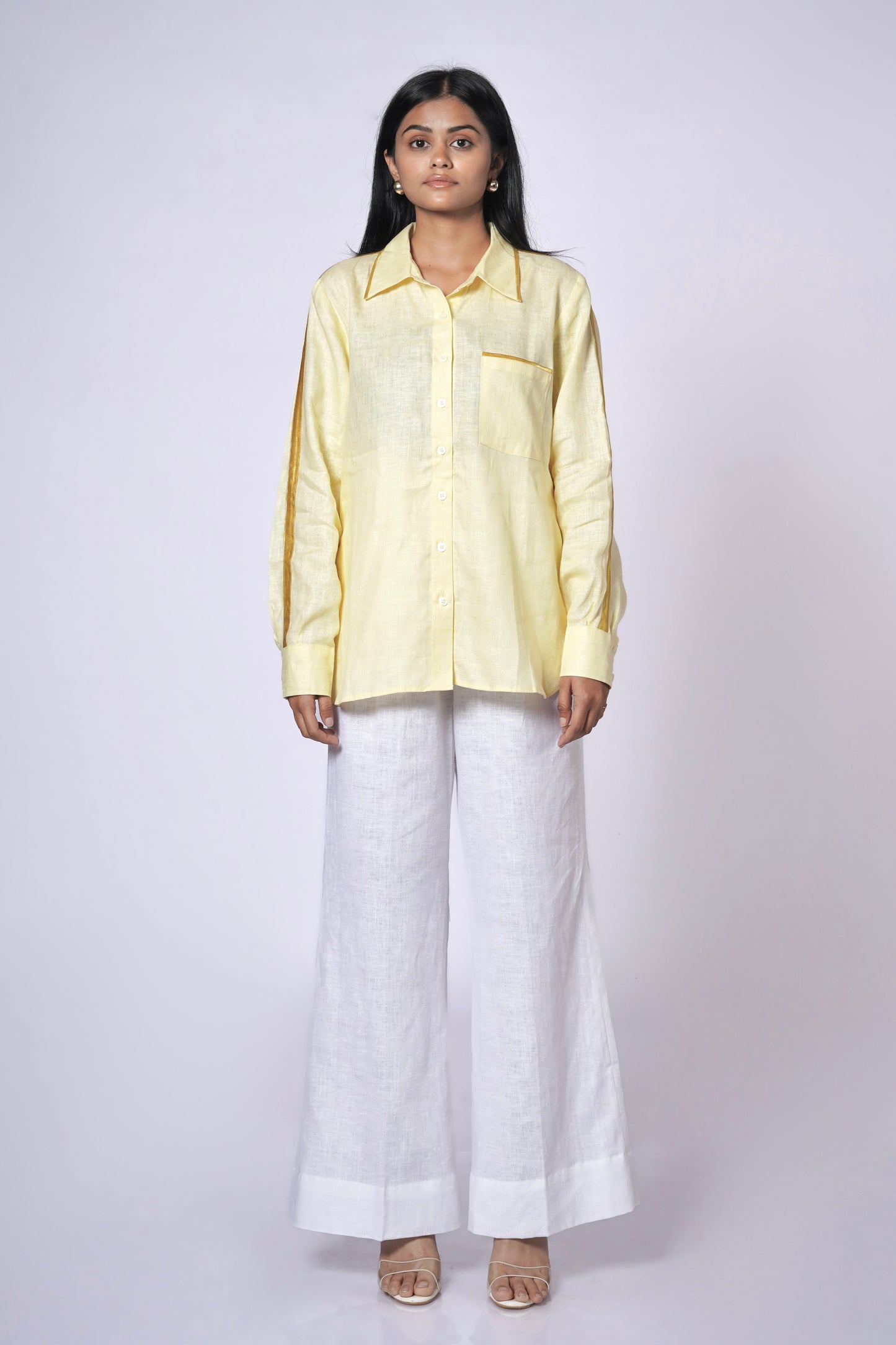 SUNSHINE YELLOW LINEN SHIRT WITH SATIN DETAILING