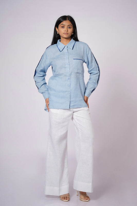 OCEAN BLUE LINEN SHIRT WITH SATIN DETAILING