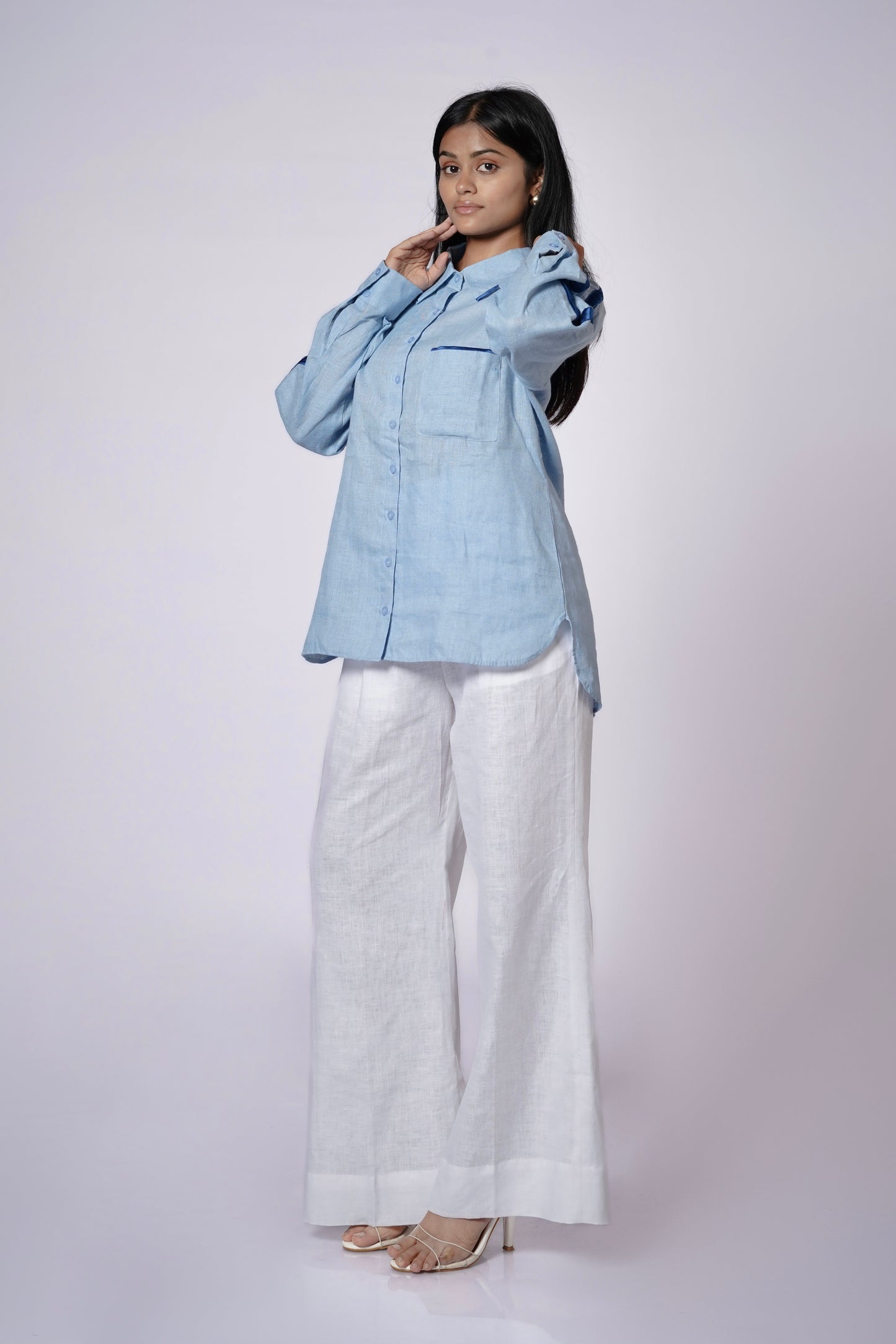 OCEAN BLUE LINEN SHIRT WITH SATIN DETAILING