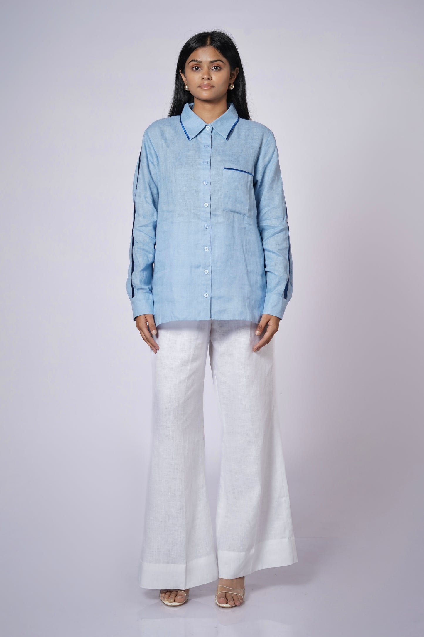 OCEAN BLUE LINEN SHIRT WITH SATIN DETAILING