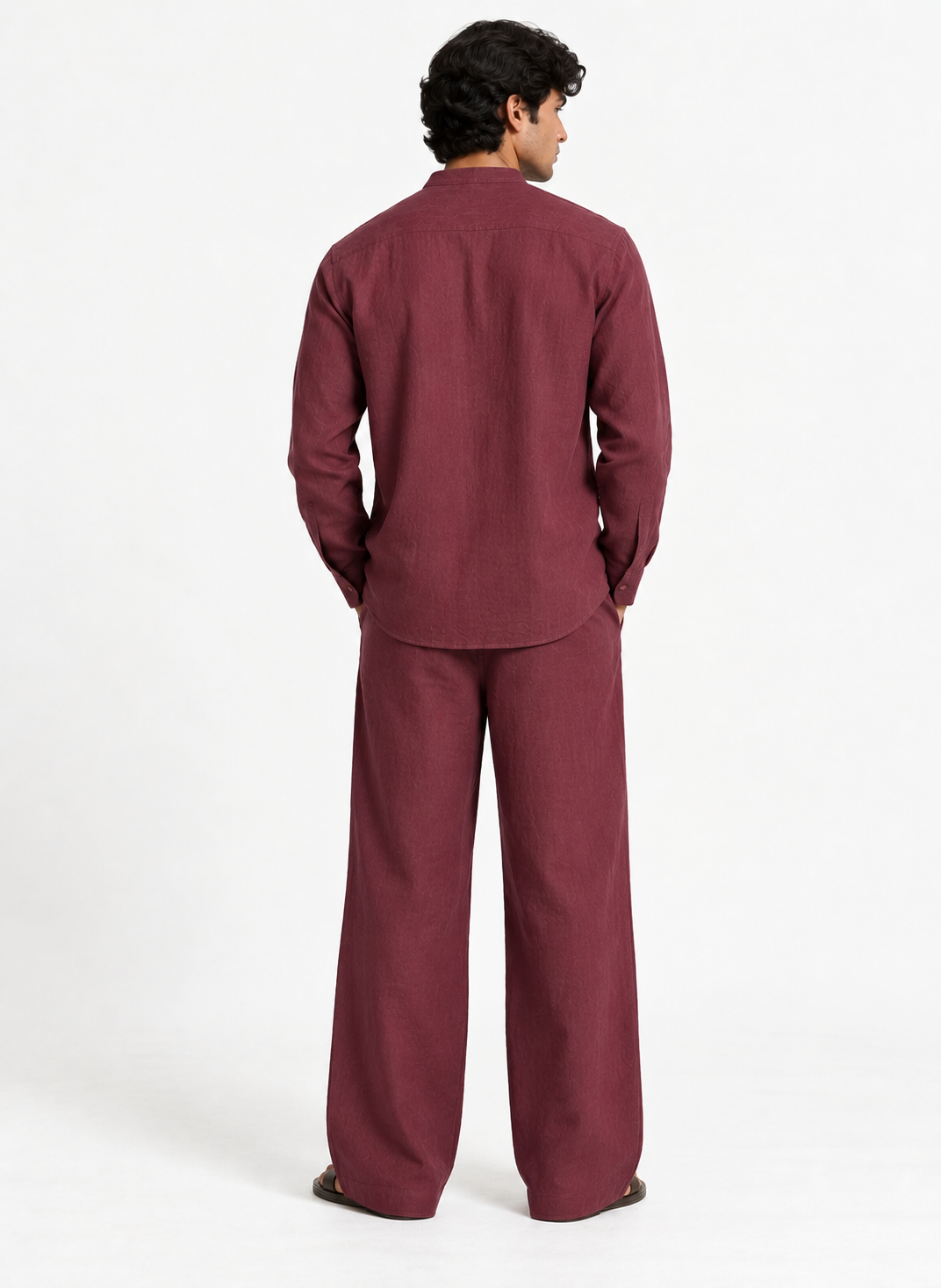 Aariz Linen Set for Men in rich plum linen, back view