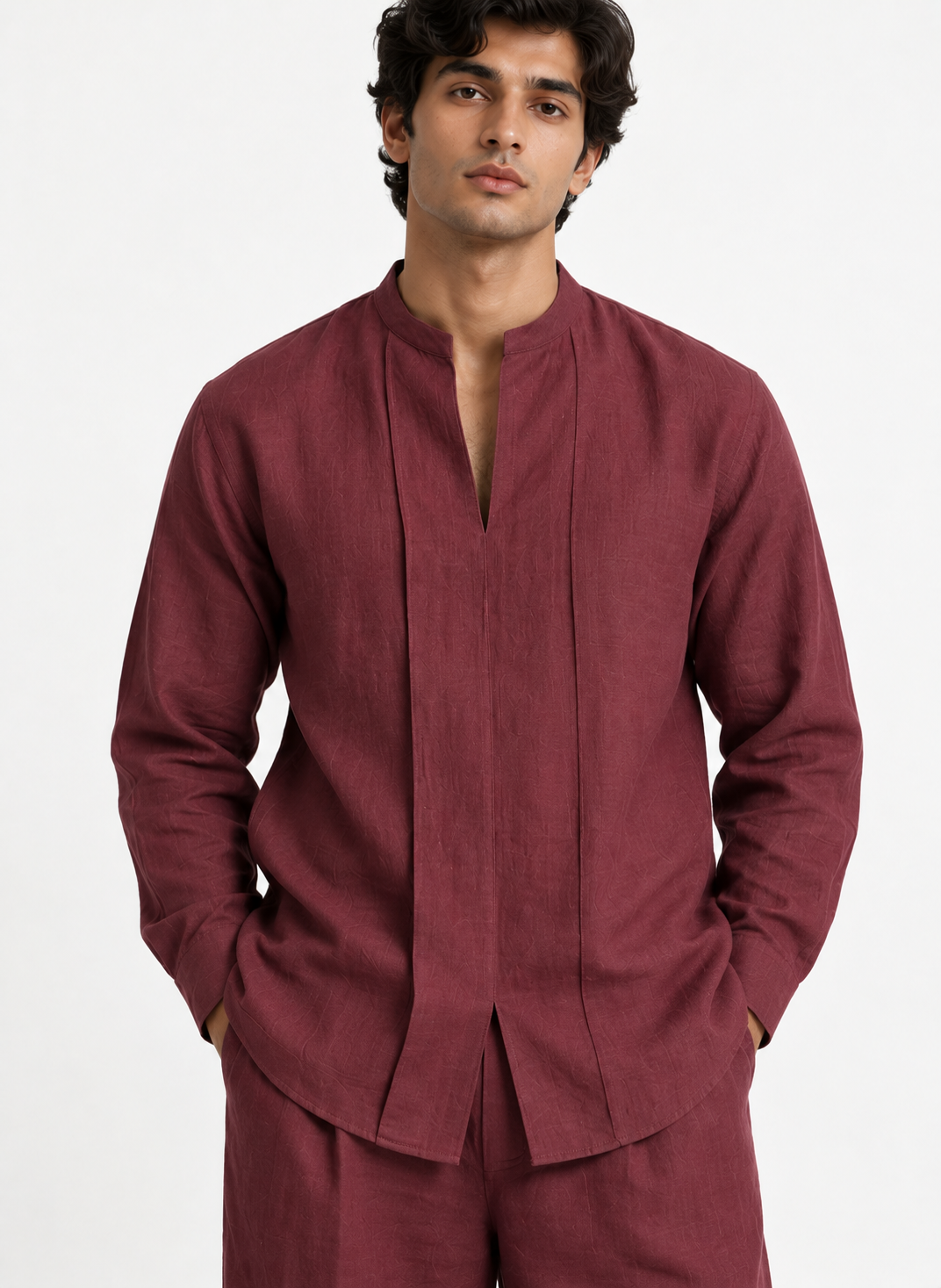 Close-up of Aariz Linen Set for Men showing rich plum linen texture and shirt detailing