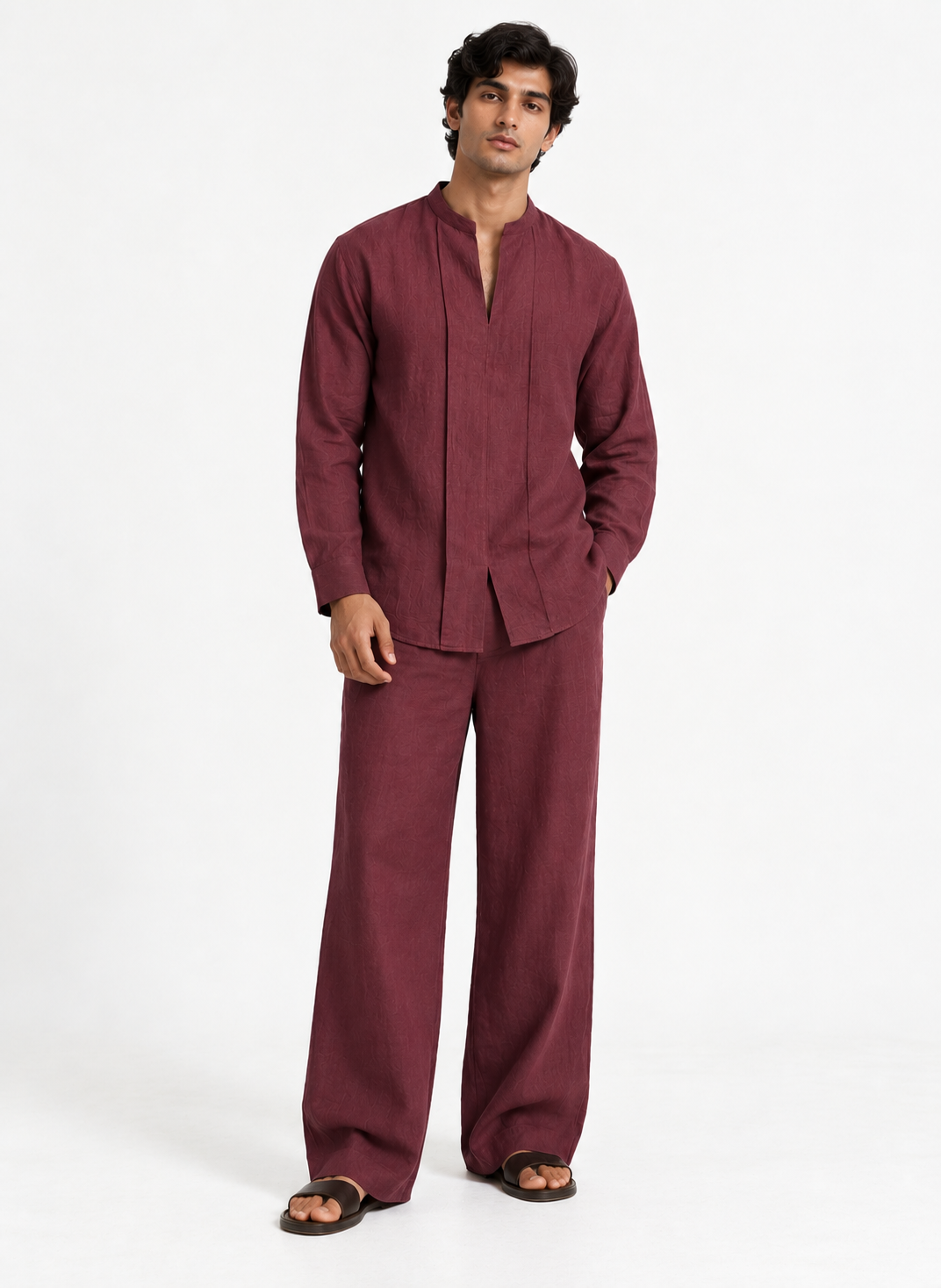Aariz rich plum linen co-ord set for men, front pose