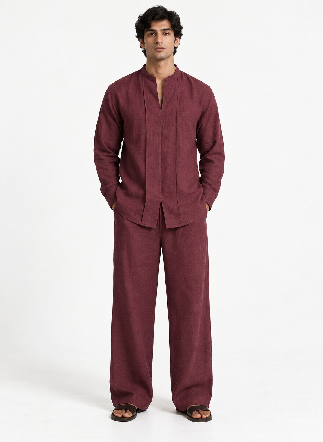 Aariz Linen Set for Men in rich plum linen, front view