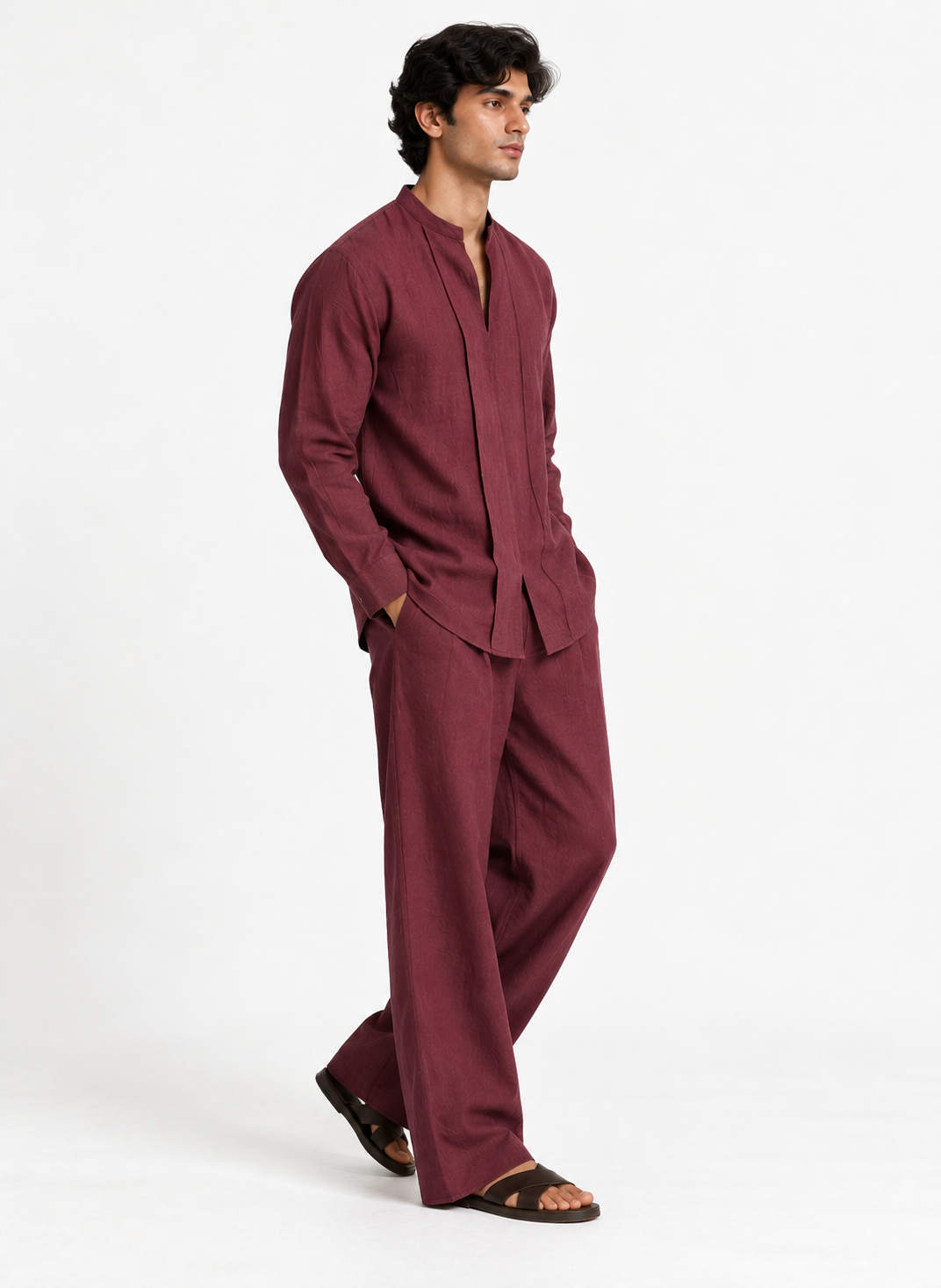 Aariz Linen Set for Men in rich plum, side view